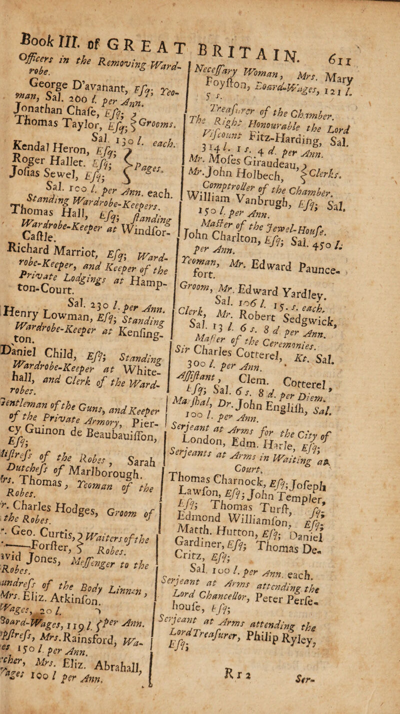 £oo/c lit of G R E A T R R t t a t at Officers in the Removing Ward 1m rr robe. £ *,d-\K‘c'i*ry Woman, Mr, m 'IT ^’a?nant> Ffr. Yeo- %ni 2b0 i. iu>^ ‘ «v<iuanr, F ®*». ’00 l. per Jonathan Chafe, f/ft ” -* nomas Taylor, $ Grooms. Kendal Heron, £/».' \° E ^ Roger Haller. £ft C„ Jofias Sewel, £///’ n. Sf J- rco L Per Jnn. each. Standing Wardrobe-Keepers ■ few1’ ^robc-Keeper at Windfort Richard Marrlot, */„ | r°hpKy*', «»<i Keeper of ,he I ,^' r' Lod£lrgs at Hamn. °Ur<i 7 Sal aiuiey. I*°*f £ Zo&’&z*' ton-   KenfWg- ’s. ff °f th, ILmont,*- ■r 3r es Cotrerel, A, Sil 300 l. per Ann. ’• ' Sai- j JOO /. pe* Ann. Serjeant at Arm, for the c. - Condon, Edm. Harle, £/|. ' SW, „ Waitinfag. I i nomas Charnock, £/?• T0fen!i Lawfon, Efti fnhJr^L _ ,P l 6ll Foyit'oi'S#^; Jfjw rA„ Tred;:r:r of the Chamber. - Right Honourable the Lord /,/««« Enz Harding, Sal. iff1 Is. a. d. per /Inn ir. Mofes Giraudeau,^ Mr.John Holbech, ^Glerh. C°™ptrf er of the Chamber., *%?££* ’*■ ** , Rer Ann. ’ ^SaJ- 45° /-' ! rXm’ ^ EdlVi!rd Paonce. Groom, Mr. Edward Yardley S3ll^J:'^,eael; ton. D^eI, C,hild’ Standing Wardrobe-Keeper at White- nail, ^ C/rr£ of the Ward¬ robes. lmofTVfthe Gunt> Keeper J e rivate Armory, Pier- cy Gmnon de Beaubauiflbn, liflref, of the Robe, Sarah fff °f Marlborough s- 1 nomas, 3 . Robes. rthe S£ Hodges’ */ ? Ge%Cantis’VVaitcr,ofthe Jones, SW/flUS? or ages y ,20 /, > loard-Wages, 119 /. fPer Mnn. Pfirefsy Mrs. Rains ford, Wa- e-y lS° l per Ann. t:e\ ,fAhrahall, a-lf; too/ per Am. m Thomas Turft PX Edmond Williamf0n; £|- Matth. Hutton, Efi- Daniel Gardiner, C/fc Thomas De. „ . Sal. 100 l.fer Ann. each oerjeant at Ann, attending the Lord Chancellor, perer Perle. houle, bfi; cue' Serjeant at Arms attending the LordTreafurer, Philip Ryley,
