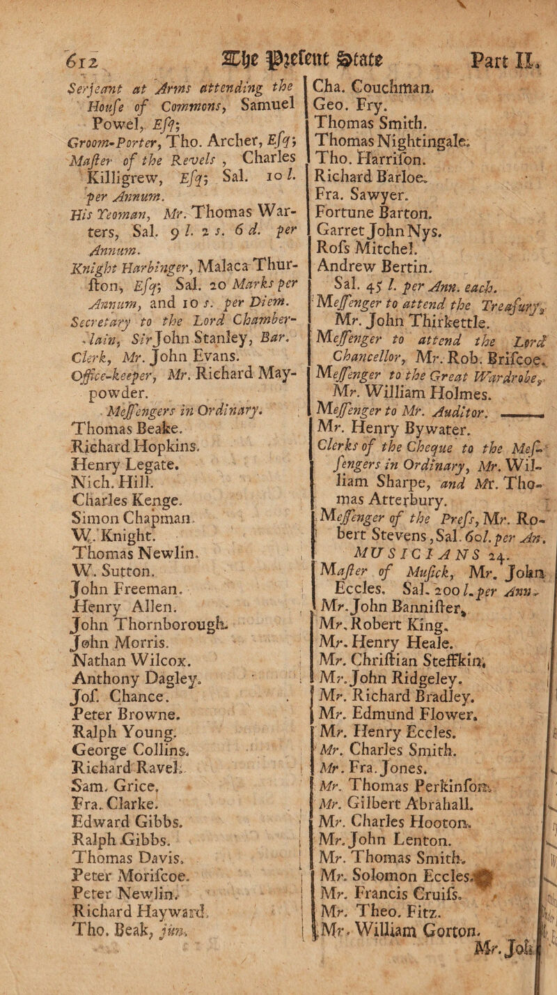 V I 6iz pjefcttt %>tm Serjeant at Arms attending the I Cha. Couchman. Houfe of Commons, Samuel | Geo. Fry. Powel, Eft; Part II, Groom-Porter, Tho. Archer, Efq; Majler of the Revels , Charles Killigrew, Efq; Sal. io/. per Annum. His Teoinan, Mr. Thomas War- ters, Sal, 9 L z s. 6 d. per Annum. Knight Harbinger, Malaca Thur- fton, Efq; Sal. 20 Marks per Annum, and 10 s. per Diem. Secretary to the Lord Chamber- ilain;■ 5/rJohn Stanley, Bar. Clerk, Mr. John Evans. Office-keeper, Mr. Richard May- powder. Meffengers in Ordinary. Thomas Beake. .Richard Hopkins. Henry Legate. Nich. Hill. Charles Kenge. Simon Chapman. W. Knight. Thomas Newlin. W. Sutton. John Freeman. Henry Allen. John Thornborougk John Morris. Nathan Wilcox. Anthony Dagley, Jof. Chance. Peter Browne. Ralph Young. George Collins. Richard RaveL Sam. Grice, Fra.. Clarke. Edward Gibbs. Ralph Gibbs. Thomas Davis, Peter Morifcoe. Peter Newlin. Richard Hayward, Tho. Beak, Jim* Thomas Smith. Thomas Nightingale. Tho. Harrifon. Richard Barloe. Fra. Sawyer. Fortune Barton. Garret John Nys. Rofs Mitche!, Andrew Bertin. Sal. 45 /. per Ann. each. Meffenger to attend the Treasury,- Mr. John Thirkettle. Meffenger to attend the Lord Chancellor, Mr. Rob. Brifcoe, Meffenger to the Great Wardrobe, AFr. William Holmes. Meffenger to Mr. Auditor. _- Mr. Henry By water. Clerks of the Cheque to the Mef, fengers in Ordinary, Mr. Wil¬ liam Sharpe, and Mr. Tho¬ mas Atterbury, Meffenger of the Prefs, Mr. Ro«' bert Stevens ,S<d.6ol.per An. MUSICIANS 24. Mafter of Mufick, Mr. John Eccles, Sal. 200 Uter Amu- Mr. John Bannifter* Mr. Robert King. Mr. Henry Heale. Mr. Chriftian Steffkin; Mr. John Ridgeley. Mr. Richard Bradley. Mr. Edmund Flower. Mr. Henry Eccles. ■Mr. Charles Smith. Mr. Fra. Jones. Mr. Thomas Perkinfom Mr. Gilbert Abrahall. Mr. Charles Hooton. Mr. John Lenton. Mr. Thomas Smith, Mr. Solomon Eccles,’ Mr. Francis Cruifs* AFr. Theo. Fitz. 1 Mr. William Gorton. Mr. k ■0