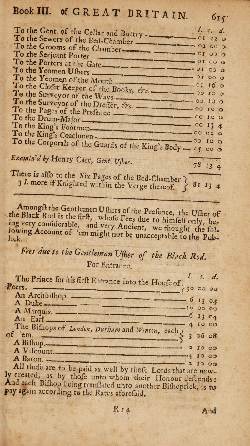 To the Gent, of the Cellar and Buttry To the Sewers of the Bed-Chamber To the Grooms of the Chamber lo the Serjeant Porter__ Tp the Porters at the Gate To the Yeomen Ufhers To the Yeomen of the Mouth______ To the Clofet Keeper of the Books, &c i o the Surveyor of the Wavs-. To the Surveyor of the DrefTer, &c. r*° i e of the Prefence Jo the Drum-Major_ To the King’s Footmen /. /. or 12 o 02 GO O oi 03 a o r co q ■oI oo o ' Oi oo o . OI :<S a •Co lo Q oo I o q oo io o oo io a oo 13 4 00 02 a 00 10 a 05 00 Q To the King’s Coachmen -___ To the Corporals of the Guards of the King’s Body Examin'd by Henry Carr, Gent. Uiher. J 7<> 13 4 T wemnrfVv tl,ti SiX p.afes of the Bed-Chamber } ' 3 /. more if Knighted within the Verge thereof. } 8J 4 ing very confiderable, and very Ancient, we thought the fid* lowing Account of ’em might not be unacceptable To the Put .# *' .-.■■■■■■ %r,. Fees due to the Gentleman Ufher of the Black Rod. For Entrance. -j' Peers6 ^HCe ^°r Entrance into the Houfe of; ^ An Archbilhop. A Duke_ A Marquis._ An Earl_ ^-30 00 00 ■6 13 04 •TO OO OO »<5“ 13 of The Bifhops of London, Durham and. Winton. each y em. _._ S 04 10 00 A Bifhop__ A Vifcount.. A Baron. ^ 3 06 08 2 10 00 4 r o do 2 lo oq All thefe are to be .paid as well by thofe Lords that are new. Jy cieated, as by thofe unto whom their Honour defcends: And each Bilhop being tranflated unto another Bilhoprick, is tu pay again according tt* the Rates aforefaid. Anil