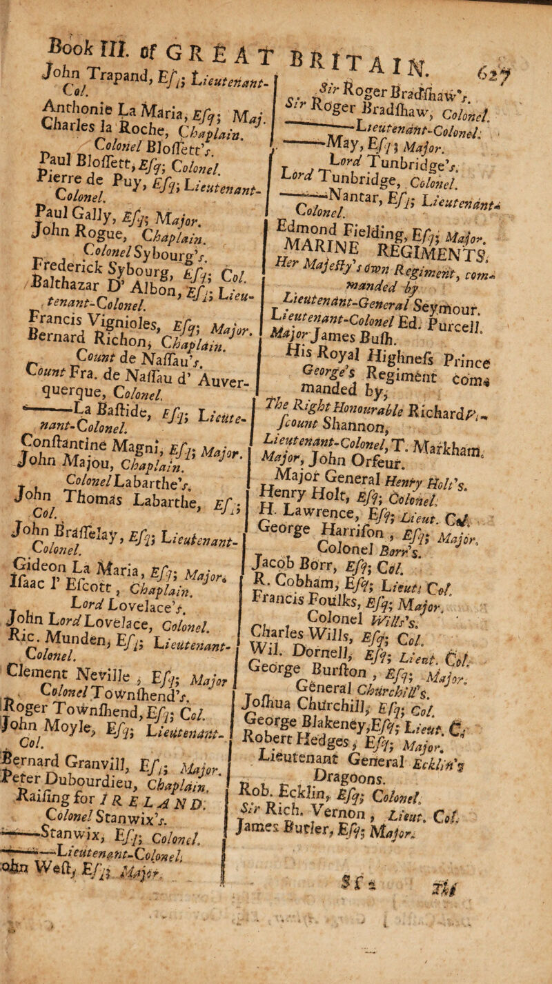 John Tror,o~.4 Tn h + . _ xv A A /l 1 JoJnTrapand, E/,j lieutenant. Anrhome La Maria, £/»• Mai Charles la Roche, Chaplain. 7 r> , BJoflettV Paul filoflert,^ ow. I 1 Colonel. PlJ> ’ ^ I Paul Gaily, ^ Mar>. John Rogue, Chaplain. Colonel Sy bourgV. Frederick Sybourgr eCj* C j Balthazar D' Alhtf/’ f°u tenant-Colonel. JL “ Bernard A%'«- Bernard Richon, Chaplain. Count de NafTauV CwwFra. de Naffiu d’ Auver querque, C»W ‘ :Lr ,Baf!idc’ f/« LiVnir- • l ail Ifin Z> / . --- 62T Sir Roger BraTftiawV. Bogcrliradihau-, Ce/n»e/. -Lieutenant-Colonel' -—May, Eft; Major. I LbrJ Tu ^onbridgeV. I U d Tonbridge, Colonel. I ~™r*r’ V* U^t. I marine regiments - Her Majelly’s Own Regiment, com. sanded by Lieutenant-General Seymour Lieutenant-Colonel Ed. Purcell ] MajorJanies Bu(h. L His Royal Highnefs Prince Zeorefj pegimenc coma landed by, The tight Honourable Richards. Jcoum Shannon, Lieut enmt-Colonel, T. Markham, Major, John Orfeur. Major General Henfy Holt's I Henry Holt, Eft; Coknel ' I if I r. nant-tolonel ^rine Magn'’ £/B N«>r. John Majou, Chaplain. J ColonelLabartheV u ' rT_«—*«* nenry ttoits. John Thomas Labarthe, £/ • I 5Ty H°,f’ £/?; *«•/- T pH-. ’ L’ «■ Lawrence, E/y-X;>„. CV D-a/r, - _ I Genro>» Efv */?S MrM Xlaac J Efcott, T . FovelaceV. J ohn Lord Lovelace, Colonel. Y** . unc^en) E//J Lieutenant- colonel. Clement Neville , E/y; Ma/s, Colonel To wn (hendV. ' ?°ger Townihend^A; Co/. John Moyle, E/y; Co/. • Bernard Granvill, E//; «£. Peter Dubourdieu, Chaplain, > Kaiiing for IRELAND. Colonel StanwixV ——Sranwix, E//; Q/Wf/# ~r -■ Lieutenant-Colon el Qbn Weft/ E/A Major GtZZi,-rJr’LuM- CH George Harnfon , £/„ 1 Colonel Barrs Jacob Borr, £/y; Co/. R. Cobham, Eft; Lieutt Col. Francis Foullcs, Eft; Major ’ ri i Bolonei #**•«; Charles Wii s, Eft; 0/. rvo' D°nne,i’ 4'fa Lieut. Col George Burfton */„ Major. T n. general Churchill's. Jolhua Churchill, £/j. ci/ George Blakeney,E/?,- L,** C, Robert Hedges, £//; Exeutenant Genera] Ecklin's T> 1 y ,Prag°ons. Bfq; Colonel Sir Rich. Vernon, X/V«r. C»/. James Butler, Efy} M^r. If s in