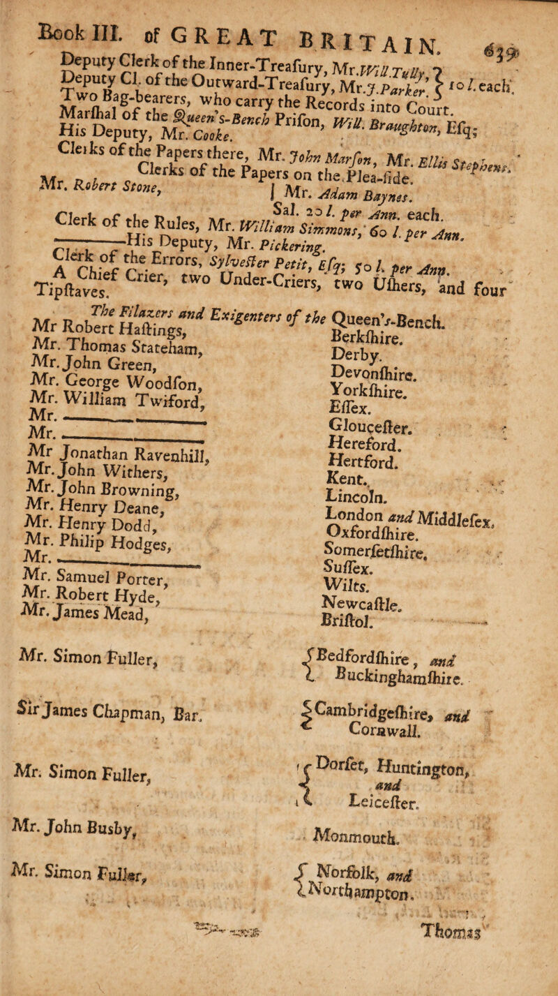 v>icrK or file inner.Treafurv Mr // o ~ K35W Cle.ks ofthe P^ there Mr. John Marfin, Mr. MllU Styhon, «„ *2f * ■>]„“ “ rf Mr W,S 5SiC'^ “L -H'S Deputy, Mr. AVimw. ^ ' A rv°e^eErr0rS’ W^er Petit, £% yo/. TipfW n£r’ tW° Under‘Criers' two ^fliers, and four- »eft HaftTn«W <>f tho QueenVBench. Mr Robert Haftings, Mr. Thomas Stateham, Mr. John Green, Mr. George Woodfon, Mr. William Twiford Mr. - _ Mr. Mr Jonathan Raveahill. Mr. John Withers, Mr. John Browning, Mr. Henry Deane, Mr. Henry Dodd, Mr. Philip Hodges, Mr._____ Mr. Samuel Porter Mr. Robert Hyde/ Mr. James Mead, Mr. Simon Fuller, Sir James Chapman, Bar. Mr. Simon Fuller, Mr. John Busby, Mr. Simon Fuller* Berklhire. Derby. Devonfiiirc. Yorklhire. EiTex. Gloucefler. Hereford. Hertford. Kent.. Lincoln. London WMiddJefex. Hxfordlhire. Somerfetlhire. •Su/lex. Wilts. Newcaftle. Briftol. fBedfordfhire, and C Buckinghamlhire. SCambridgeftire, and Cornwall, ' f Dorfet, Huntington, and i C Leicefter. Monmouth. Norfolk, and l Northampton, » 1 Thom?$