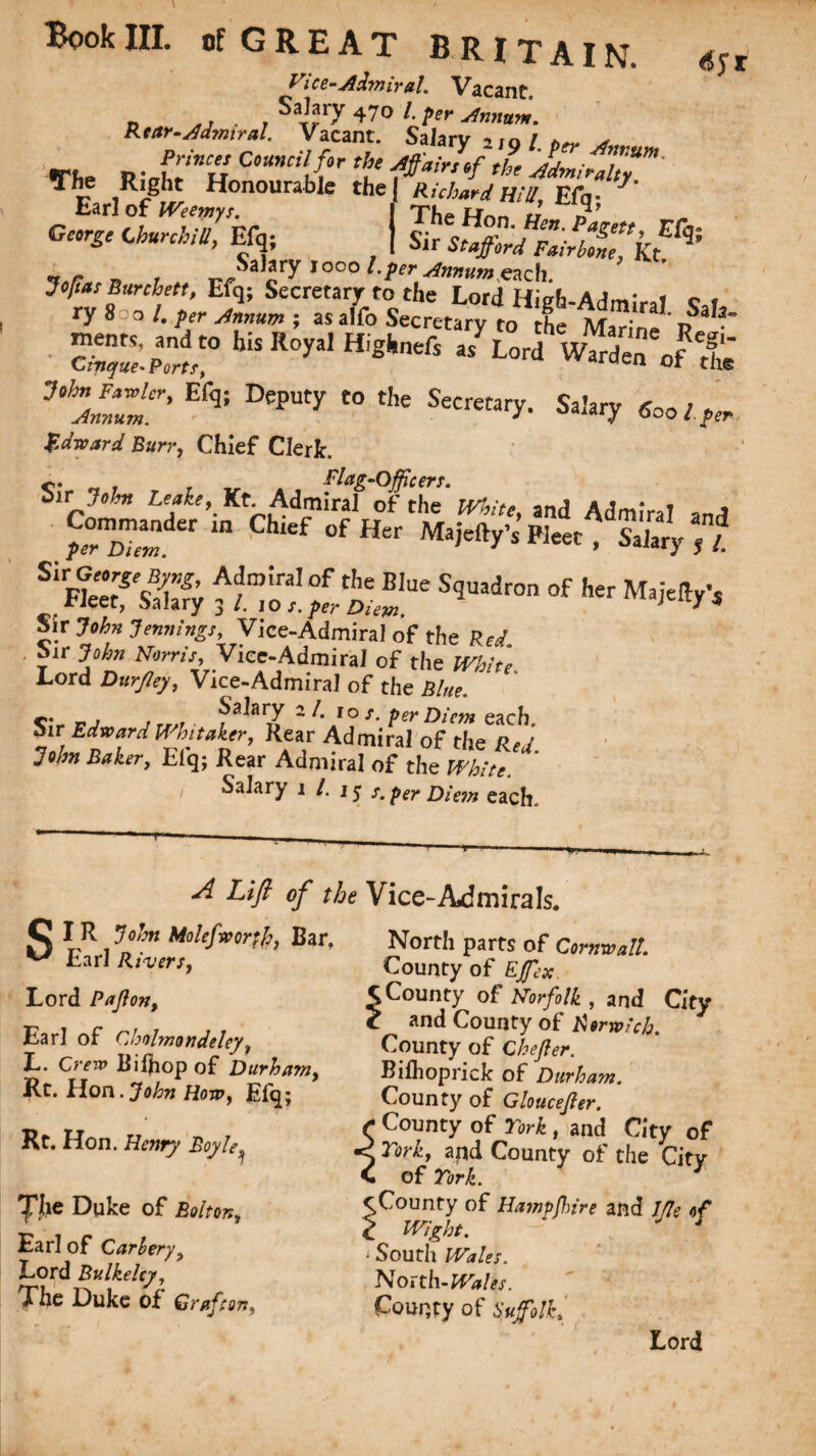 Vice-Admiral. Vacant. d aj • 47° A per Annum. Rear-Admiral. Vacant. Salary no / * The n ■IrKU C°malJ°r th‘ *ht Admiffuff' ?nounble the| E% * Earl of Weemys. George Churchill, Efq; The Hon. Hen. Pagett, Efq. oir Stafford Fair bone, Rt. r Salary io°o l.per Annum each Was Burchett, Efq; Secretary to the Lord High-Admiral <T,r tyS oi. per Annum ; as alfo Secretary to the Marine ' if 3 Royal WskntCs JLord \?\t Efqi D€pUty t0 the Secretary- Salary ffoo/^ fd-mard Burr, Chief Clerk. c. . __ Flag-Officers. oir John Leake, Kt. Admiral of the and Adm^T * C.=to » ChM Of H„ *18318$ ffr,1 £tS” °f Sit John Jennings, Vice-Admiral of the Red , Sir Vice-Admiral of the Lord Durjley, Vice-Admiral of the Blue. ** pj j rr/7 ?a^ai2f 2 ^ f° s- per Diem each. Sir Edward Whitaker, Rear Admiral of the /W John Baker, Elq; Rear Admiral of the White. Salary i /. 15 s.perDie?n each. Lift of the Vice-Admirals. SI R John Mole (worth. Bar, Earl R/wr/, Lord Paffon, Earl of Cholmondeley, L. Crew Bilfrop of Durham, Rt. Hojp, Efq; Rt. Hon. Henry Boyle\ 'fhe Duke of Bolton, Earl of Carbery, Lord Bulkelcy, The Duke of Grafton, North parts of Cornwall. County of Effex C County of Norfolk , and City c and County of Norwich. County of Cheffer. Bilhoprick of Durham. County of Glouceffer. County of York, and City of Tork, apd County of the City ^ of York. 7 County of Hampffire and Iffe of Wight. i 1 South Wales. North- Wales. County of Suffolk, Lord