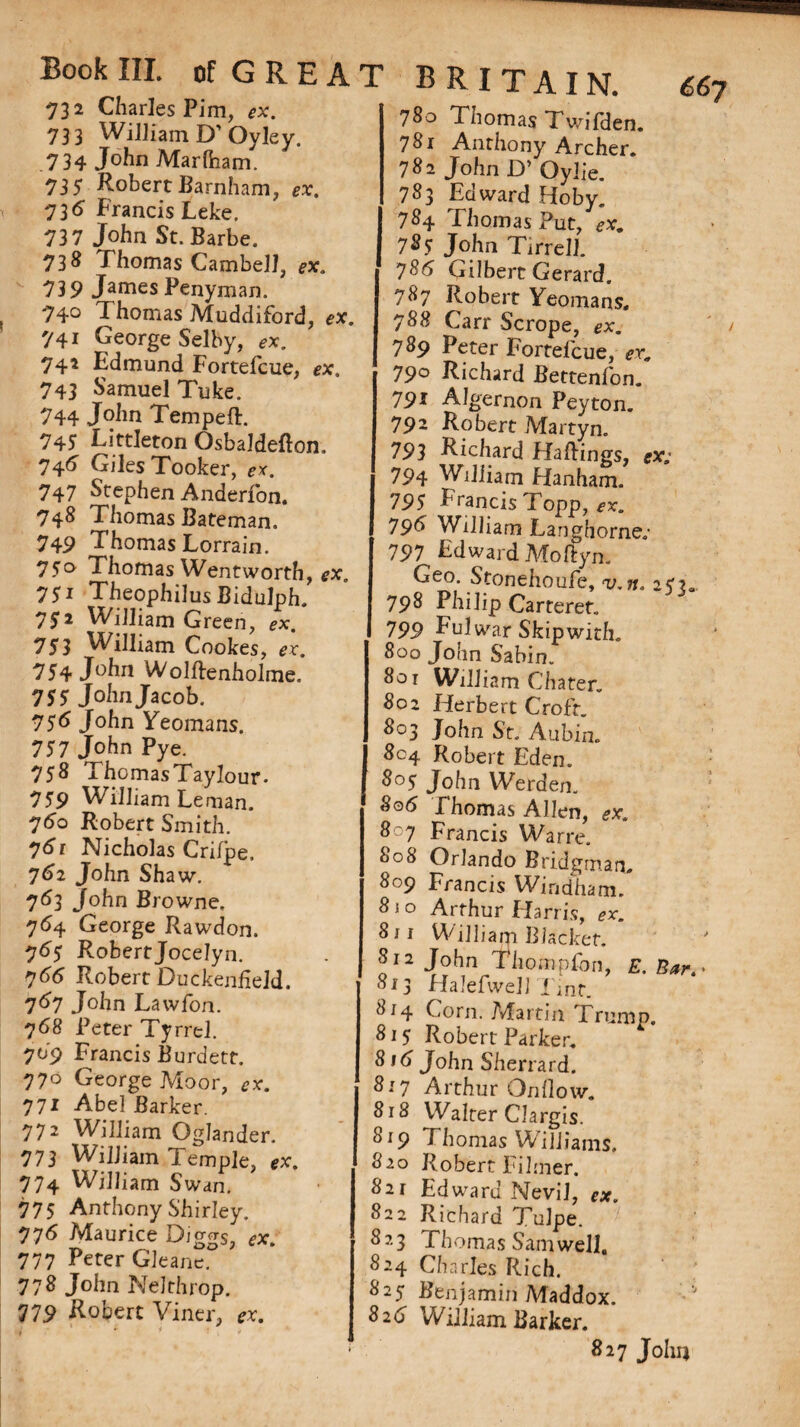 73 2 Charles Pim, ex. 733 William D’ Oyley. 734 John Marfham. 735 Robert Barnham, ex. 73 6 Francis Leke. 737 John St. Barbe. 738 Thomas Cambell, 739 James Penyman. 74° Thomas Muddiford, ex. 741 George Selby, ex. 742 Edmund Fortefcue, ex. 743 Samuel Tuke. 744 John TempeR. 745 Littleton Osbaldefton, 746 Giles Tooker, ex. 747 Stephen Anderfon. 748 Thomas Bateman. 749 Thomas Lorrain. 750 Thomas Wentworth, ex. 751 Theophilus Bidulph. 752 William Green, ex. 753 William Cookes, ex. 754 Johft WolRenholme. 7 55 John Jacob. 756 John Yeomans. 757 John Pye. 758 ThomasTaylour- 759 William Leman. 7<5o Robert Smith. 7<5r Nicholas Crifpe, 762 John Shaw. 763 John Browne, 764 George Rawdon. 765 Robertjocelyn. 7^5 Robert Duckenfield. 7^7 John Lawfon. 768 Peter Tyrrel. 709 Francis Burdett. 770 George Moor, 771 Abel Barker. 772 William Oglander. 773 William Temple, ex. 774 William Swan. 775 Anthony Shirley. 776 Maurice Diggs, ex. 777 Peter Gleane. 778 John Nelthrop. 779 Robert Viner, ex. BRITAIN. 6 780 Thomas Twilden. 781 Anthony Archer. 782 John D’ Oylie. 783 Edward Hoby. 784 Thomas Put, ex, 785 John TirrelJ. 786 Gilbert Gerard. 787 Robert Yeomans. 788 Carr Scrope, ex. 789 Peter Fortefcue, er„ 79° Richard Bettenfon. 791 Algernon Peyton. 792 Robert Martyn. 793 Richard HaRings, ex; 794 William Hanham. 795 Francis Topp, 79^ William Langhorne.' 797 Edward MoRyn. Geo. Stonehoufe, a/. 253, 798 Philip Carteret. 799 Ful war Skip with. 800 John Sabin. 801 William Chater. 802 Herbert Croft. 803 John St. Aubin. 8c4 Robert Eden. 8°5 John Werden. 806 Thomas Allen, 807 Francis Warre. 808 Orlando Bridgman. 809 Francis Windham. 8 1 o Arthur Harris, 811 William Blacker. 812 John Thornpfon, E. Bar. 813 Halefwell Tint. J)i4 Corn. Martin Trump. 815 Robert Parker. 816 John Sherrard. 817 Arthur Onflow. 8r8 Walter Clargis. 819 Thomas Williams. 820 Robert Filiner. 821 Edward Nevil, 822 Richard Tulpe. 823 Thomas Samwell, 824 Charles Rich. 825 Benjamin Maddox. ?2<j William Barker. 827 John