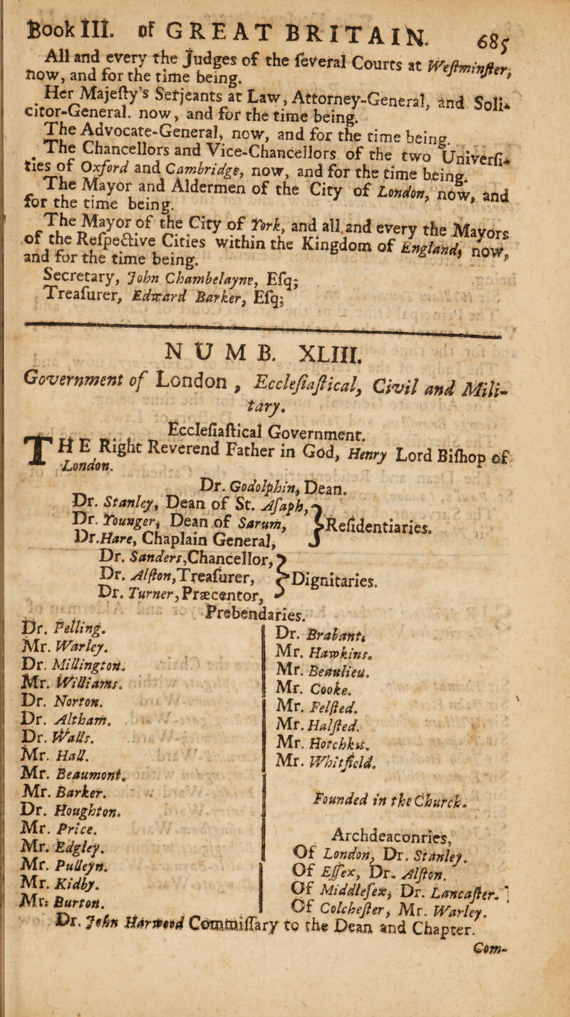 All and every the judges cf the feVeral Courts at now, and for the time being. Her Majefty’s Serjeants at Law, Attorney-General, and Soli* citor-General. now, and for the time being. The Advocate-General, now, and for the time being. The Chancellors and Vice-Chancellors of the two Vriiverfi* ties of Oxford and Cambridge, now, and for the time being ci*«-*■■ jw, anJ The Mayor of the City of York, and all and every the Mayors Secretary, John Chambelayne, Efq; Treafurer, Edvard Barker, Efq; NUMB. XLIII. Government of London , Ecclefiafiical, Civil and Mill. tary. Tu. .. . _ Ecclefiafiical Government. ht Reverend Father in God, Henry Lord Bilhop of Dr. Godolphin, Dean. Dr. Stanley, Dean of St. jifttyh, y Dr. Younger, Dean of Sarum, SRef.dentiaries, UT.Hare, Chaplain General, J Dr. Sanders,Chancellor,^ Dr. Alftm, Treafurer, ?• Dignitaries. Dr. Turner, Prsecentor, + Prebendaries. Dr. Brakanti Dr. felling. Mr. Warley. Dr. Millington, Mr. Williams. Dr. Norton. Dr. Altharh. Dr. Walls. Mr. Hall. Mr. Beaumont, Mr. Barker. Dr. Houghton, Mr. Price. Mr. Edgley. Mr. Pulleyn. Mr. Kidhy. Mr? Burton. Mr. Hawkins* Mr. Beaulieu. Mr. Cooke. Mr. Felfied. Mr. Hal fed, Mr. Hotchkti. Mr. Whitfield. Founded in the Church, Archdeaconries, Of London, Dr. Stanley. Of Efexy Dr. Alfton. Of Middlefex, Dr. Lane after. ] Of Colcheftery Mr. Warley. r* cT/ ** isotcnejter, Mr. Warlt Ut, John Harmed Ccftnttuflary to the Dean and Chapter Com-