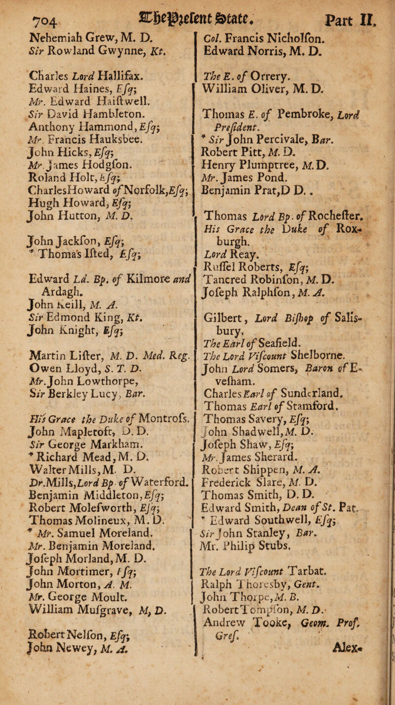 Nehemiah Grew, M. D. Sir Rowland Gwynne, Kt. Charles Lard Hallifax. Edward Haines, Efq; Mr. Edward Haiftwell. Sir David Hamhleton. Anthony Hammond, Efq; Mr Francis Hauksbee. John Hicks, Efq; Mr. James Hodgfon. Roland Holt/Efq; CharlesHoward o/Norfolk,£/^j Hugh Howard, Efq; John Hutton, M. D. John Jackfon, Efq; * Thomas Ifted, Efq; Edward Ld. Bp. of Kilmore and Ardagli. John Keill, M. A. Sir Edmond King, Kt. John Knight, Efq; Martin Lifter, M. D. Med. Reg. Owen Lloyd, S. T. D. Mr. John Lowthorpe, S;> Berkley Lucy, Bar. His Grace the Duke of Montrofs. John Mapletoft, D. D. Sir George Markham. * Richard Mead,M. D. Walter Mills, M. D. DrMii\\s,Lord Bp of Waterford. Benjamin Middleton, Robert Molefworth, EJq; ThomasMolineux, M.D. * Mr. Samuel Moreland. Mr. Benjamin Moreland. Jofeph Morland, M. D. John Mortimer, /fq; John Morton, A. M. Mr. George Moult. William Mufgrave, M, D. Robert Nelfon, £fq; John Newey, M. A. Col. Francis Nicholfon. Edward Norris, M. D. The E. of Orrery. William Oliver, M. D. Thomas E. of Pembroke, Lord Prejident. * Sir John Percivale, Bar. Robert Pitt, M. D. Henry Plumptree, M. D, Mr. James Pond. Benjamin Prat,D D.. Thomas Lord Bp- o/Rochefter, His Grace the Duke of Rox¬ burgh. Lord Reay. Ruflel Roberts, Efq; Tancred Robinfon, M. D. Jofeph Ralphfon, M. A. Gilbert, Lord Bijhop of Salis¬ bury. The Earl of Sealield. The Lord Fifcount Shelborne. John Lord Somers, Baron of E« veiharn. Charles Earl of Sunderland. Thomas Earl of Stamford. Thomas Savery, Efq; John Shadwell,M. D. Jofeph Shaw*, Efq; Mr. James Sherard. Robert Shippen, M. A. Frederick Slare, M. D. Thomas Smith, D. D. Edward Smith, Dean of St. Pat. * Edward Southwell, Efq; Sir John Stanley, Bar. Mr. Philip Stubs. The Lord Fifcount Tarbat. Ralph Thoresby, Gent. John Thorpe,M. B. RobertTompfon, M. D.- Andrew Tooke, Geom. Prof Gref •’ Alex-