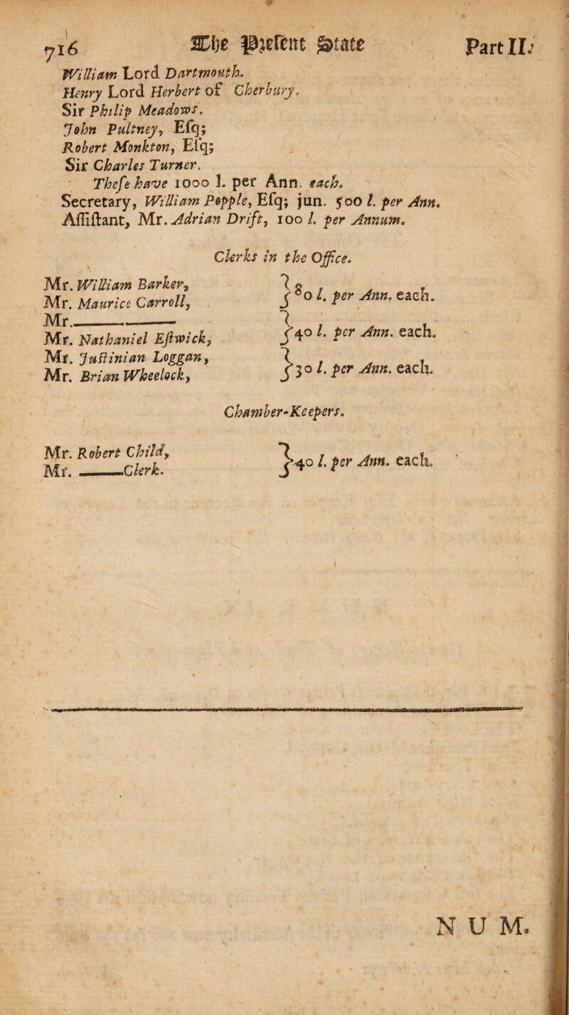 William Lord Dartmouth Henry Lord Herbert of Cherbary. Sir Philip Meadows. Pultney, Efq; Robert Monkton, El*q; Sir Charles Turner. Thefe have 1000 1. per Ann. Secretary, William Popple, Efq; jun. ^oo l. per Ann. Affilfant, Mr .Adrian Drift, ioo /. Annum. Clerks in the Office. Mr. William Barker9 Mr. Maurice Carroll, Mr. ^40 l. per Ann. each* Mr. Nathaniel Eftwick, Mr. Juft ini an Loggan, Mr. Brian Wheelock, Mr. Robert Child, Mr.- N U M.