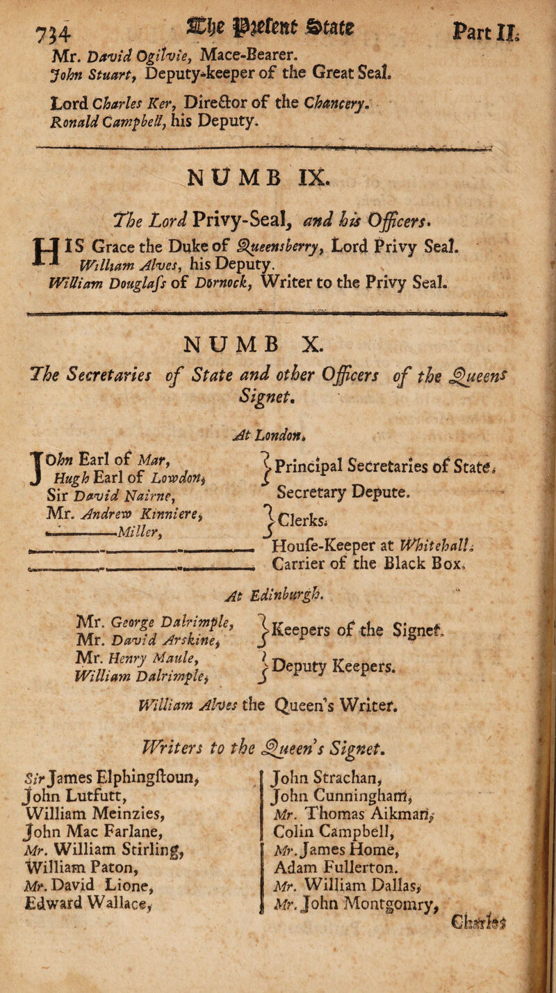 734 Zlje PieCent ©cate Mr. David Ogitvie, Mace-Bearer. John Stuart, Deputy-keeper of the Great Seal. Lord Charles Ker, Dire&or of the Chancery. Ronald Campbell, his Deputy. Part Ih NUMB IX. The Lord Privy-Seal, and his Officers* HI S Grace the Duke of Queetisberry, Lord Privy Seal. William Alves, his Deputy. William Douglafs of Dornock, Writer to the Privy Seal. NUMB X. The Secretaries of State and other Officers of the .Queen* i Ohn Earl of Mar, Hugh Earl of Lowdort$ Sir David Nairne, Mr. Andrew Kinniere, « ,i, —...... , Miller, Signet. At London* Principal Secretaries of State. Secretary Depute. ^Clerks; Houfe-Keeper at Whitehall» Carrier of the Black Box, At Edinburgh. Mr. George Dalrimple, 1R the g; IVir. Dflvid j4vski?i6) Jj ® mii::z£Zx William Alves the Queen’s Writer. Writers to the Queen s Signet. Sir James Elphingftoun, John Lutfutt, William Meinzies, John Mac Farlane, Mr. William Stirling, William Paton, Mr. David Lione, Edward Wallace, John Strachan, John Cunninghanl, Mr. Thomas Aikmari/ Colin Campbell, Mr. James Home, Adam Fullerton. Mr. William Dallas, Mr. John Montgomry,