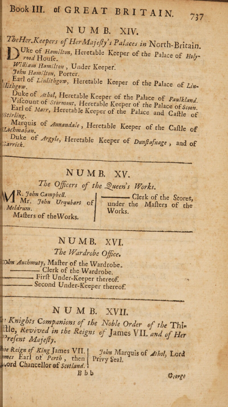 737 I' N U M B. XIV. ■' 'ZfM.r.Keeptrs ofHerMajeftfs Talaces in North-Britain l D Ho’HeretabIe Keeper of the of Mr I Hamilton , Under Keeper. John Hamilton, Porter. I’uSl0* LinlMs0W’ HeretaWe KeePer ofthePahce of Lin. Duke of mM, Heretable Keeper of the Palace of jr.ulkt*«j 1 j-ounr of Stormont, Heretable Keeper of the Palace of f s„fe£°f Heretable Keeper of r£ Palace' and Gaft,eTf ; °f Ammda'“ ’ HereUbIe Keeper of the Caftle of s i»rrhk. ^ ’ArSyle’ P*letab)e Keeper of Dunfufrmge , and of 4- M R. John Campbell. numb. XV. The Officers of the ffiueen s Works. Air. John XJrofubari of Mel drum. Matters of the Works. Clerk of the Stores, under the Matters of the Works. numb, xvl The Wardrobe Office* i Ohn Auchmutj,, Matter of the Wardrobe. .. Clerk of the Wardrobe. Pirtt Under-Keeper thereof. Second Under-Keeper thereof numb, xvil ^ Knights Companions of the Noble Order of the Thi- ii , k in the Reigns of Janies VII. and of Her ij Tefent Majeft). J tttJ S'”iJTS VJL n ?°hn Mar9™ of JtM, Lora net Par] ot Perth, then Privy Seal, -ord Chancellor of Scotland. ; » b h Oier£t