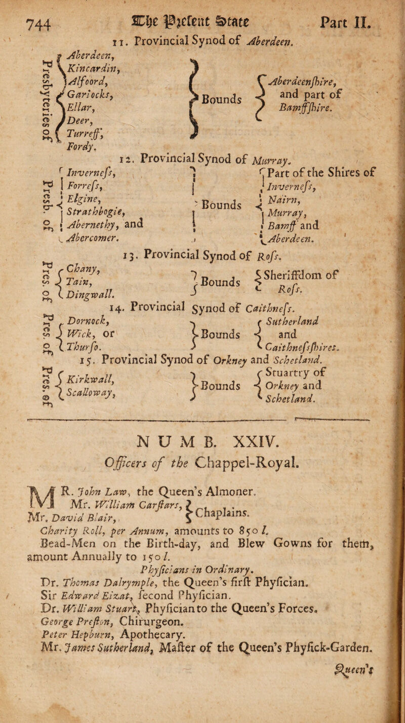 Aberdeenfhire, and part of Bajnjfjhire. r? I <1 i v> J cr *< o SC&e ^jefettc &tate Part II. ii. Provincial Synod of Aberdeen. Aberdeen, Kincardin, \Alfoord, Gariocks, Bounds El lar, r Deer, Tump’, Fordy. ii. Provincial Synod of Murray. Inverness, 1 C Part of the Shires of Forrefs, j j Invernefs, - Bounds 4 Stratbbogie, j . Murray, Abernethy, and » 1 Bamjf and Abercomer. j ^Aberdeen. 13. Provincial Synod of Ro/y. ■?„ , S Sheriffdom of 7*i», .Bounds > n r Dingwall. °-’s' 14. Provincial Synod of Caithness. Dornoch, -s ^ Sutherland Wick, or >Bounds s and Thurfo. y f Gaithnefsftiires. 15. Provincial Synod of Orkney and Schethnd. fr. W I «.V/ NUMB. XXIV. Officers of the Chappel-RoyaL R. John Law, the Queen’s Almoner. ! VJ Mr. William Carjlars, ? , , . Mr. J3Am>, S C haP3ains“ Charity Roll, per Annum, amounts to 8$ o L Bead-Men on the Birth-day, and Blew Gowns for therti, amount Annually to 150/. Phyjicians in Ordinary. Dr. Thomas Dalrymple, the Queen’s firfl: Phylician. Sir Edward Eizat. fecond Phyilcian. Dr. William Stuart^ Phylicianto the Queen’s Forces. George Prejlon, Chirurgeon. Peter Hepburn, Apothecary. Mr. James Sutherland, Mailer of the Queen’s PhyJfick-Garden. Queer? t