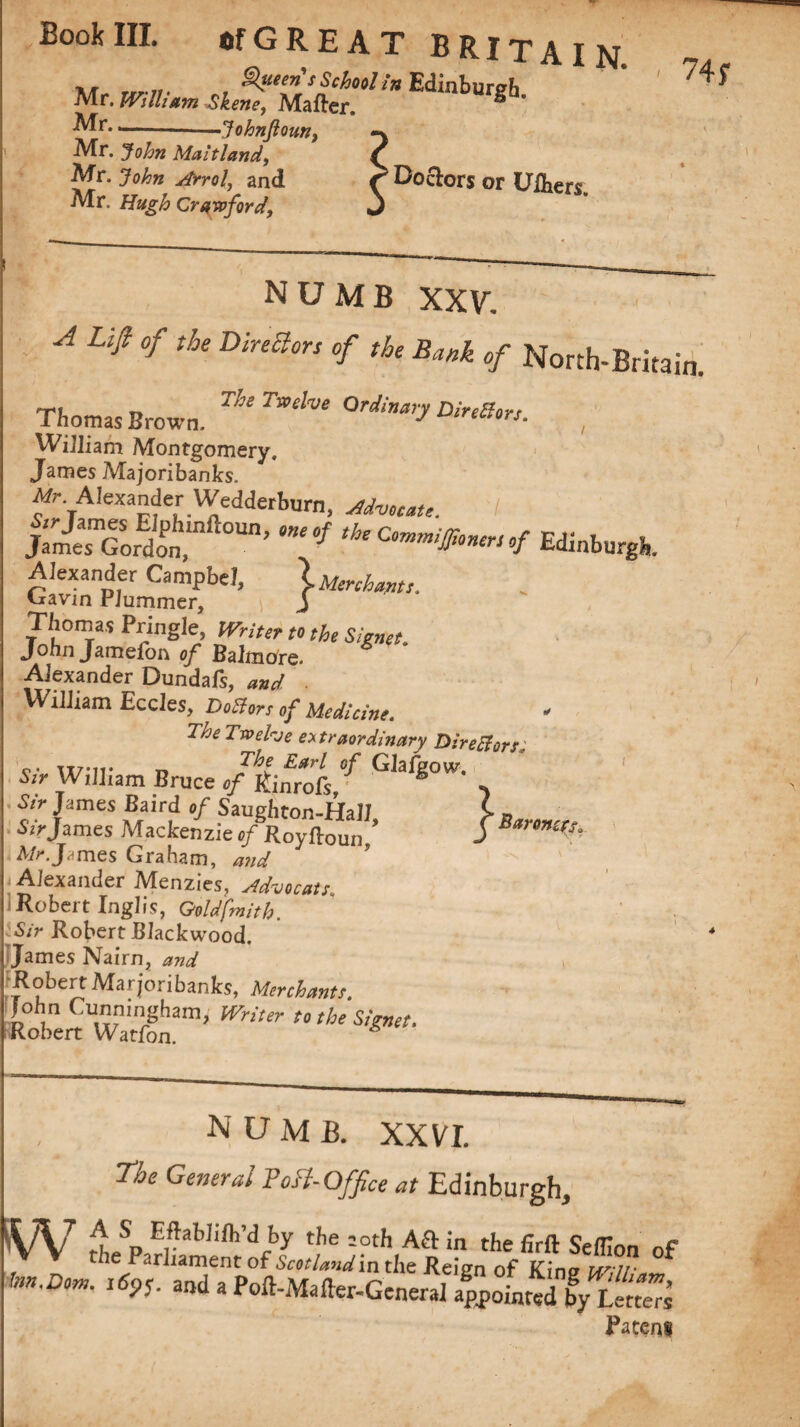 at 7 Queen s School In Edinburgh Mr. Wdham Skene, Matter, ® ' ^r* --Johnjioun, 74* Mr. John Maitland, Mr. John Arrol, and Mr. Hugh Crawford, Doctors or Ulhers. numb xxv. ^ Lifi of the Directors of the Bank of North-Britain. The Twelve Ordinary DireBors. i Thomas Brown. William Montgomery. James Majoribanks. Mr .Alexander Wedderburn, Mvocate. JameSmGordon ’ Edinburg!,. Alexander Campbel, \ Merchants. Gavin Plummer, j Thomas Pringle, Writer to the Signet John Jamefon of Balmore. Alexander Dundafs, and . William Eccles, DoBors of Medicine. The Twelve extraordinary DireBors: <?• wir t> TH Glafgow. Sir Wilham Bruce <?/ Rinrofs, James Baird */ Saughton-Hall, Sir James Mackenzie 0/ Royttoun Mrjs.mes Graham, and Alexander Menzies? Mdvocats, Robert Inglis, Goldfmitb. Sir Robert Blackwood. James Nairn, and Robert Marjoribanks, Merchants. John Cunningham, to the Signet, Robert Watfon. * } Baronets, numb. XXVI. The General Post- Office at Edinburgh, (W the firft Sefllon of the Parliament rfLlwin ^ofKg? °f rd?5. and a Poil-Mafter-General a^ofnSy LetteTs Patens