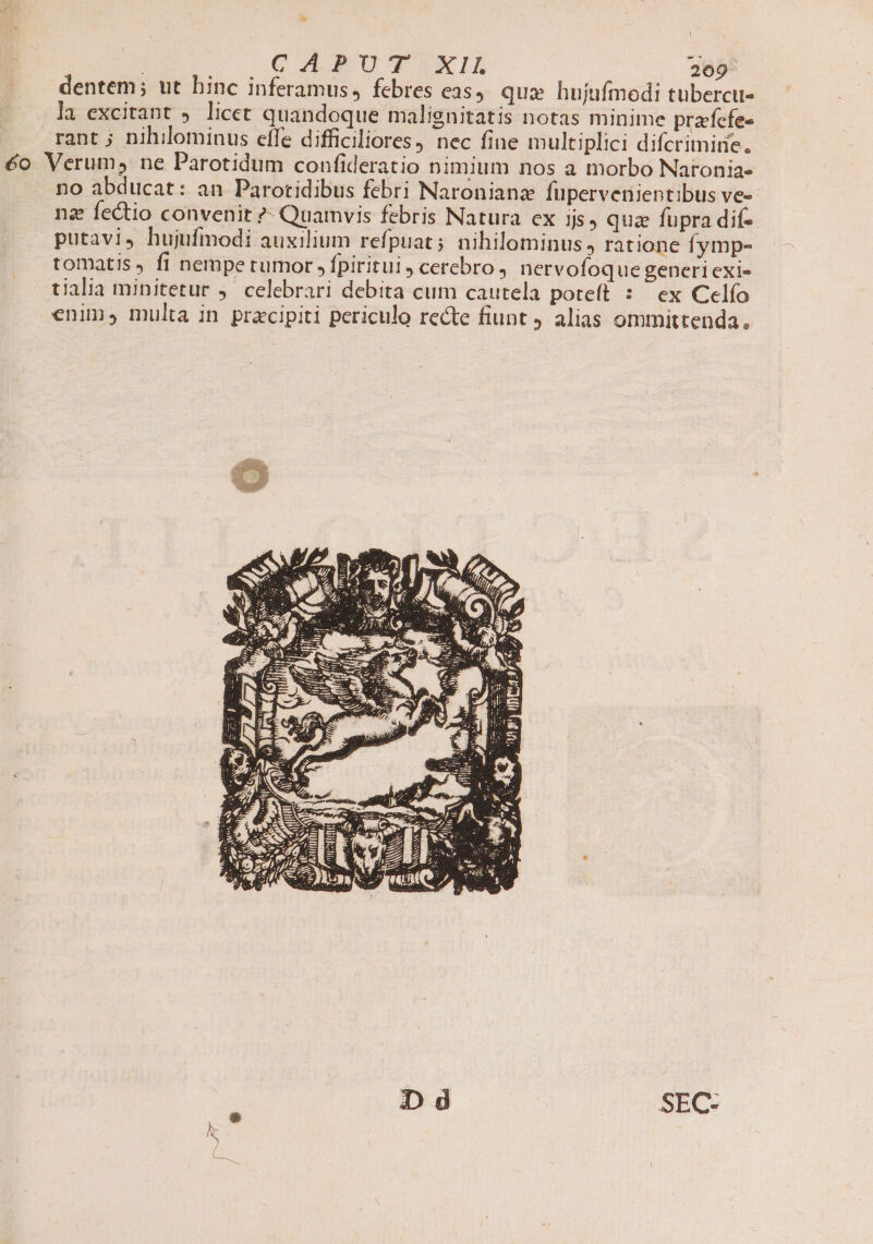 . dentem; ut hinc inferamus, febres eas, qua hujufmodi tubercu- la excitant ; licet quandoque malignitatis notas minime przfcfe- rant ; nihilominus effe difficiliores) nec fine multiplici difcrimitie. éo Verum ne Parotidum confideratio nimium nos a morbo Naronia- no abducat: an Parotidibus febri Naronianz Ífupervenientibus ve-- nz fectio convenit ?- Quamvis febris Natura ex ijs, quae füpra dif-- putavi, hujufmodi auxilium refpuat; nihilominus; ratione fymp- tomatis» fi nempe tumor , fpiritui , cerebro , nervofoque generi exi- tialia minitetur ;' celebrari debita cum cautela poteft : ^ ex Celío enims, multa in pracipiti periculo recte fiunt J alias ommittenda., Dd SEC- A