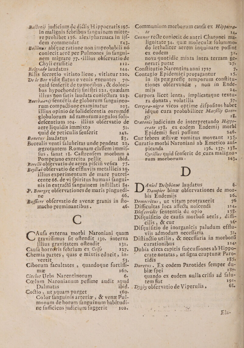 Ballogij judicium de didis Hippocratis 195. in malignis febribus tànguinegm mitte- re prohibet 156. alexipharmaca in ijf- dem commendat 143. Béllinus abfque ratione non improbabili no .coniecitaeré per Pulmones in fangui- nem migrare 77.»illius obfervatio de Cbhyli craffitie 112. Belgrade laudatus 144. Bilis fecretio vitiatolieue, vitiatur 220. De Je Boe viditflatuse venis exeuntes — 70. quid fenferit de tumoribus , &amp; dolori- bus hypochondrij finiftri 221. quaedam illiusnon fatis laudata coniectura 223. mBeerbaavij fentétia de globorum fanguineo- rum compaQione examinatur 61. illius opinio de folidefcentia eorumdé 2lobulorum. ad ramorum angulos foli- defcentium 1o4. illius obfervatio de aere liquidis immixto | S1. quid de peticulis fenferit 142. Bonetus laudatus $3. zegrotantem Romanam claffem immif- fus, fanat 18. Caftrenfem morbnm a Pompejano exercitu pellit morelli obiervatio deaerea pifciti vefica — 75. Boyllai obfervatio de effluvijs metallicis 29. illiusexperimentum de mare putref: cente 66. de vi fpiritus humani fangui- nis inextractii fanguinem inftillati 94. PP. Bourgez obíervationes de maris pinguedi- ne 66. iBuffere obfervatio de avenae granis in fto- macho germinantibus. 46^ C Aufa externa morbi Naroniani quam graviffimus fit oftendit 13o. interna illius gravitatem oftendit 151, Caufa horrdris febrium ex Ce/fo 127. Chemia partes, quas e mixtis educit, in- vertit 53. Ciborum facultates , quandoque fortiffi- mza 160, Citeluz Vrbs Narentinorum 6. Calum Naronianum peffime audit apud Dalmatas ibid. CoQio, utaquam purget 160. Color fanguinisarterize , &amp; vena Pul- monum de horum fanguinum habitudi- ne fufficiens judicium fuggerit 1024 Communium morborum caufa ex Hipperrae ui. E Ceznor reQe coniecit deantri Charonei ma- lignitate 34. qux: moleculz folummo- do lethaliter aerem inquinare poffint ex eodem 3t. nova quotidie mixta intra terram gee netari putat 27* Conftitutio Narentina anni 1727 7. Contagio Epidemici propagantur 15.94 1 in ijspregreffe temporum conftitu- tiones obfervandae , non in Ende- mijs ^ (244 Corpora licet lenta, implicataque textu- ra donata, volatilia 5^1 Corcyra-nigra NiCos optime difpofitos habet | idque cura probabiliter Mar//ij Geer- ij 18. Cratonis judicium de interpretando Hippo- crate 17$. ex eodem. Endemij morbi. Epidemii fieri poflunt 246. Cur febres zílivae vomitüs moveant 135. Curatio morbi Naroniani ab Emetico auí- picanda 136. 157: 13991 Cyrillus quid fenferit de cura maligno* rum morborum. 143. ^ D 1309 Delphinus laudatus. 6- Dampier binge obfervationes de mor- bis Endemijs 26. Democritus, ut vitam protraxerit 76 Difficultas loca affecta noícendi 114e Diofcoridis fententia de opio 159. Difquifitio de caufis morbofi aeris, diff- | cilis , &amp; cur ud viis admodum neceffaria — 51, Diftindioutilis, &amp; neceffaria in morborü - curationibus Il4* Dubia circa capitis fuccuffiones ab Hippo- ^ . crate notatas , ut figna eruptura Paro-. tidis 18590. Duretu;. Ex eodem Parotides femper du- quando ex eodem nullacrifis ad falu- , tem fiat d Ela- [4 * ^h r. » afa, ; E at *