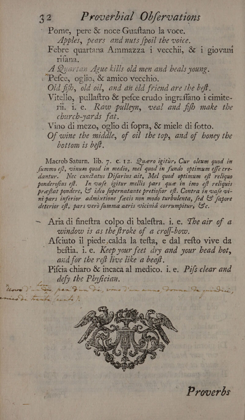 ~ Pome, pere &amp; noce Guaftano la voce. Apples, pears and nuts [poil the voice. Febre quartana Ammazza i vecchii, &amp; i giovani rifana. | A Quarvian Ague kills old men and heals young. Pefce, oglio, &amp; amico vecchio. ; Old fish, old oil, and an old friend are the beft. Vitello, pullaftro &amp; pefce crudo ingraffano i cimite- ri. i.e. Raw pulleyn, veal and fifo make the church-yards fat. _ Vino di mezo, oglio di fopra, &amp; miele di fotto. Of wine the middle, of oil the top, and of honey the bottom is beft. Macrob Saturn. lib. 7. ¢. 12. Quero igitur, Cur oleum quod in fummo éft, vinum quod in medio, mel quod in fundo optimum effe cre- 9 dantur. Nec cunctatus Difarius ait, Mel quod optimum eft reliquo ponderofius eff. In vafe igitur mellis pars que in imo eft reliquis prefiat pondere, SF ideo fupernatante pretiofior eft. Contra in vafe vi- ni pars inferior admixtione facis non modo turbulenta, fed &amp;F /apore deterior eff, pars vero fumma aeris vicinid corrumpitur, Fe. ~ Aria di fineftra colpo di baleftra. 1. e. The air of a window is as the firoke of a croff-bow. a Afciuto il piede,calda la tefta, e dal refto vive da beftia. i.e. Keep your feet dry and your bead hot, aid for the reft live like a beaft. Pifcia chiaro &amp; incaca al medico. i.e. Pi/s clear and Bk defy the Phyfician. i 3 i 3 bberre J» Se, per Fin, ape de as, Sweet asl a gone ee Piece aD. tate) Jeune Je ‘ Proverbs