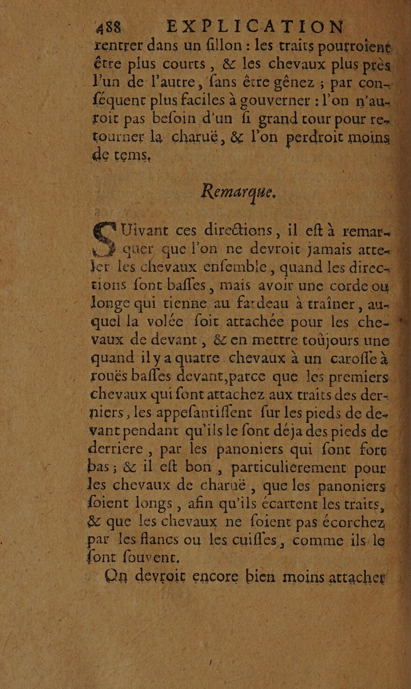 = étre plus courts, &amp; les chevaux plus pr &gt;! eÀ Remarque. | VUivant Ces direftions il à remar À ler les chevaux enfcmbie, quand les direc= | Fr OT | he ÿ 1 chevaux qui font attachez aux traits des der. nicrs, les appefantiflenc fur les pieds de de: . vant pendant qu'ils le fonc déja des pieds de, derriere, par les panoniers qui font fort. ‘à D On jai DE encore bien moins satcachet |