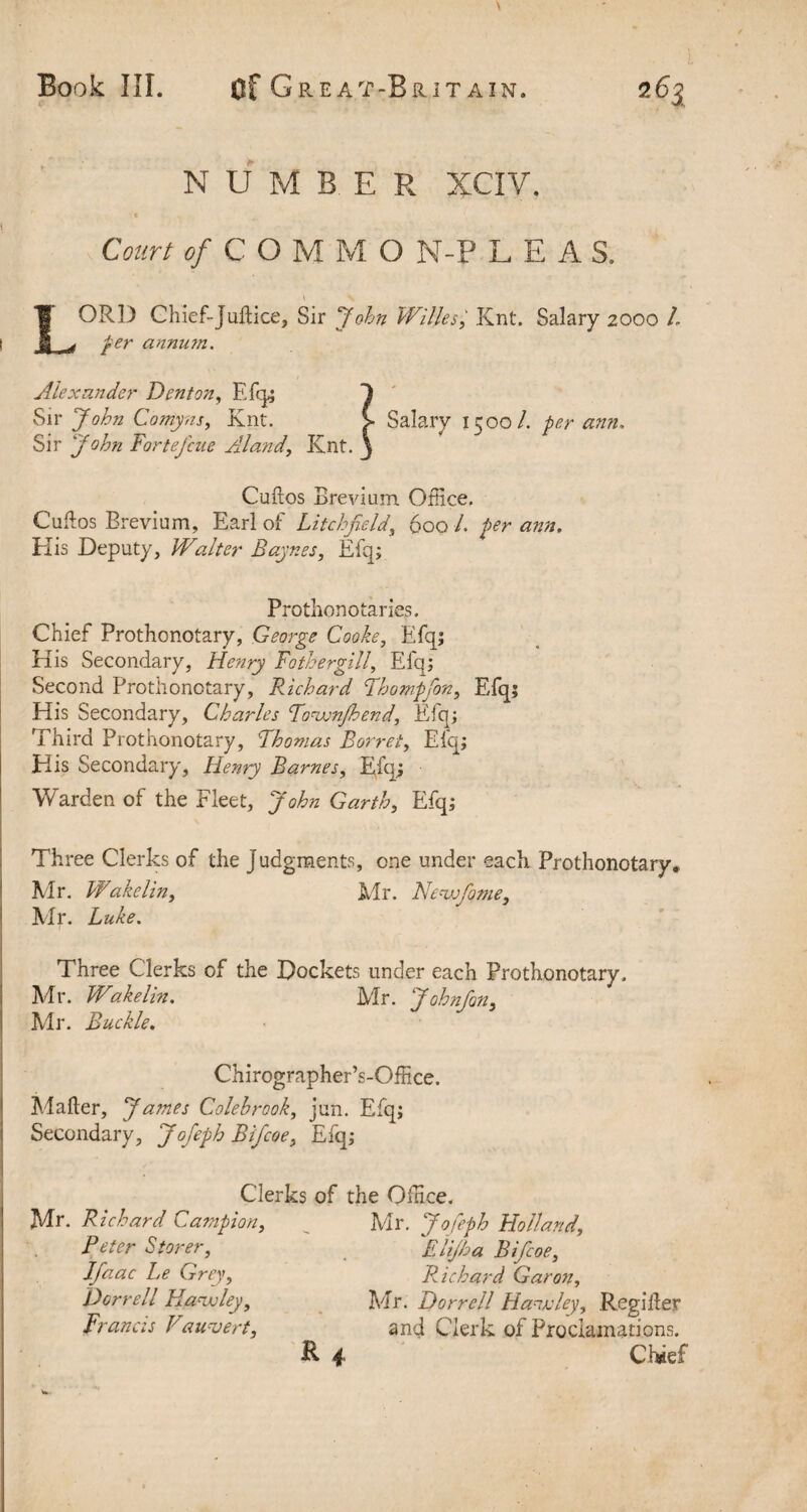 NUMBER XCIV. Court of COM M O N-P LEAS. LORD Chief-Juftice, Sir 'John Wilks, Knt. Salary 2000 /- per annu?n. Alexander Denton, Efq; 1 Sir John Comyns, Knt. > Salary 1500/. per ann. Sir John Fortefcue Aland, Knt. 3 Cuftos Brevium Office. C aft os Brevium, Earl of Litchfield, 600 /. ann. IIis Deputy, Walter Baynes, Efq; Prothonotaries. Chief Prothonotary, George Cooke, Efq; His Secondary, Henry Fothergill, Efq; Second Prothonotary, Richard Lhompfon, Efq; His Secondary, Charles Lownjhend, Eiq; Third Prothonotary, Lhomas Borret, Efq; His Secondary, Henry Barnes, Efq; Warden of the Fleet, John Garth, Efq; Three Clerks of the Judgments, one under each Prothonotary. Mr. Wakelin, Mr. Newfome, Mr. Luke. Three Clerks of the Dockets under each Prothonotary. Mr. Wakelin. Mr. Johnfon} Mr. Buckle. Chirographer’s-Office. Mafter, J a?nes Caleb rook, jun. Efq; Secondary, Jofeph Bifcoe, Efq; Clerks of the Office. Mr. Richard Campion, Peter Storer, Ifaac Le Grey, Dorrell Hawley, Francis Vauvert, Mr. Jofeph Holland', Elijha Bifcoe, Richard Gar on, Mr. Dorrell Hawley, Regifter and Clerk of Proclamations. Chief