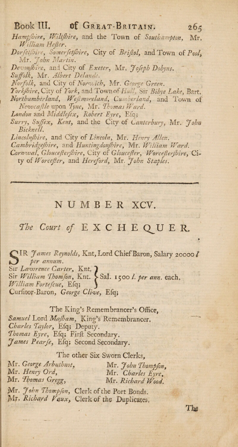 Hampjbire, Wilt/hire, and the Town of Southampton, Mr. William Hefer. Dorfetfbire, Somerfetfhire, City of Brifiol', and Town of Pool, Mr. John Martin. Devonjhire, and City of Exeter, Mr, Jofeph Dobyns. ~ Suffolk, Mr. Albert Delande. Norfolk, and City oL Norwich, Mr. George Green. Yorkjhire, City of York, and Town of Hull, Sir Bibye Lake, Bart, , Northumberland, Weji more land, Cumberland, and Town of New c a fie upon Tyne, Mr. Thomas Ward. London and Middlefex, Robert Eyre, Efq; Surry, Suffex, Kent, and the City of Canterbury, Mr. John Bicknell. Lincolnjhire, and City of Lincoln, Mr. Henry Allen. Catnbridgejhire, and Huntingdonjbire, Mr. William Ward. Cornwal, Gloucefterjhire, City of Gloucefer, Worceferjhire, CL ty of Worcefer, and Hereford, Mr. John Staples. * .. . ..* Mt»' ■ 1 !■■■ ■ —wmim. mmyrnmn ■■ i ■ uri.i i w i m i ,i i ^ NUMBER XCV. The Court of E X C H E Q_U E R. ♦ IR James Reynolds, Knt, Lord Chief Baron, Salary 20000/ per annum. Sir Lawrence Carter, Knt. 1 Sir William Thomfon, Knt. >Sal. 1500 l. per am. each, William Fortefcne, Efq; J Curfitor-Baron, George Clive, Efq; The King’s Remembrancer’s Office, Samuel Lord Majham, Ring’s Remembrancer, Charles Taylor, Efq; Deputy. Thomas Eyre, Efq; Firft Secondary. Ja?nes Pearfe, Efq; Second Secondary. The other Six Sworn Clerks, Mr. George Arbuthnot, Mr. John Thompfon, Mi. Henry Ord, Mr. Charles Eyre, Mr. Thomas Gregg, Mr. Richard Wood. Mr. John Thompfon, Clerk of the Port Bonds. Mr- Richard Vqux, Clerk of the Duplicates. Tht