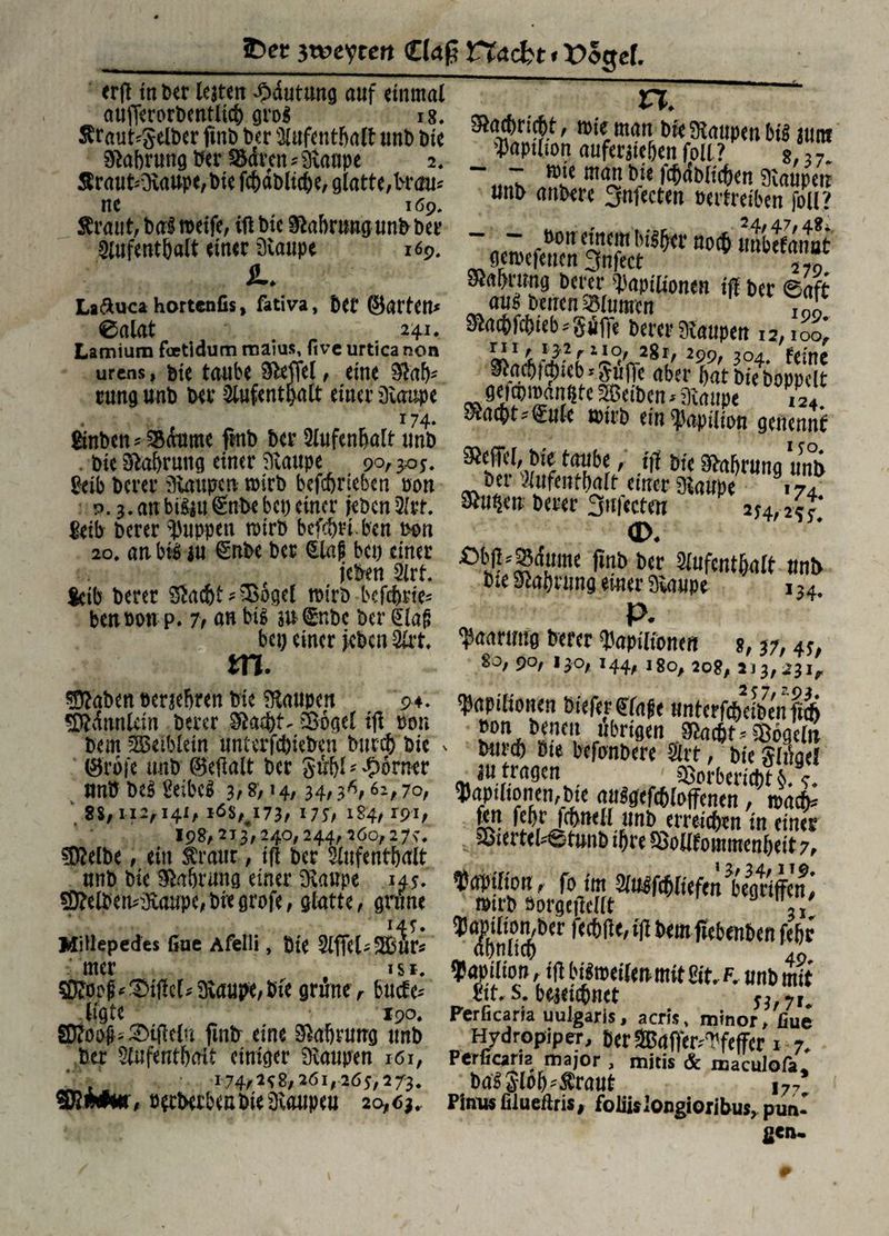 erft in ber lebten ^dutung auf einmal atifierorbentlicf) gro$ 18. <v Äraut^tlbcr fmb ber Aufenthalt «nt» Die STBT' Ml tunt Siabrung Der Saren* Staupe 2. _ W«»»« «ufeiJie6(n folt? 8,37. ujt lajabltcben StauDen $raut'Staupe,bte fc&amp;ablic&amp;e, glatte, brau« nc 169. Äraut, ba§ roeifc, ift bie Mmng unb bet* 5lufentbalt einer Staupe 169. L. La&amp;uca hortenfis, fativa, ber (harten# 0alat 241. Lamium foetidum maius, ftve urtica non urens, bte taube Steffel, eine Stal)* . fc&amp;dblicfjen Staupen unb artbere 3nfecten vertreiben foll? - - Boti einem Mlfjer noct imbefanut gemefenen 3nfect SRfl&amp;nmg berer Vaptliontn tff ber Saft auf bwenSBlumtn SRgcbfcbieb=Sifie berer Staupen I2. ,oo,' ri1, i32rno, 2gr, 299. 204. Uint 3trtcf)fd)i(b <|iiffc aber bat bi/boppclt urca> t Dlv utui’V t uns v, /,7/*vv ' o«m uuu OUt Die DöDDClt rung unb ber &amp;ufenti>alt einer Staupe öWroanßte Selben* Staupe 124 ^ ftr e t r 174* ^c&amp;t.fule tbirb myaptlwti geflennt ip uvvu ütuupv» umu uvn p. 3.anbt&amp;u&amp;rbebcfleiner jebcn&amp;rr. leib berer puppen wirb befebri ben bon / f fr*_c . c /r t . ä 4 » 2T4/2?f. 20. an bis ju <£nbe ber etafbe», einer ßbd-Sdume fmb be'r Aufenthalt unb jeoen yirr. Sprung einer Staupe 134. leib berer $ac&amp;t * Sögel tbirb befebrte bettbon p. 7f an big su Snbc ber €la§ P* bet) einer jeben 2trt Paarung berer ^apilioneit m. ^D?aben oerjebren bie Staupen 94. SRiimtlein berer Sogei ift bon bem Setblein unterfdjiebcn bur# bie ©roje tmb Gbeflalt ber $ul)l? Corner guuuytu süorDericM'&amp; c unbbe$leibcl 3/8>*4/ 34/3M^,7o, $apilionen,bie au$gefc6loffenen . »aefc TT7-Tr-lß*- T75‘ T7C‘ TC*rnT* ftn ft&amp;r fe&amp;nell unb erreichen in einer Siertel*6tunb i&amp;re fSoKfommenbeit 7, ^ , h17,4S> 80, 90, 130, 144, 180, 208,2)3,231,. ^apilionen Meferglaje Hnterfcbdbenft* * übrigen 3lacßf s Sögeln bm® bie befonbere Art, bie Slilgel in tragen Sorberiebt J. V 88,112,141, !<5$,#i73, *7St 184,191 / I98, 27 3, 24O, 244, 2Ö0, 2 7> Stelbe, ein Äraut, ift bcrllnfent&amp;alt wu*u‘yu7 unb bie Sa&amp;rnng einer Staupe w- favilton, fo im ÜlMMufen benriffen s9?elben*Staupc,biegrofe, glatte, grüne mirb önrnn^fn- ; ' MiUepedes fiue Afelli, bie 5lffel*Sur* ^TbnlT^' fap ilion, ift bi^tbeileu mit ßit. K unb mit £it* s# bejeic&amp;net 53,7j Ferficaria uulgaris, acris, minor, fiue mirb öorgeftellt 3 x $apiüoMer feebde, l(t bemfrebenben febr mer isi. ®?op^.©iflcl#Staupe,bie grune> bucte* ltgte 190 SpJoo^^tftelu fmb eine Sprung unb Hydropiper, berSaft'er^feffer 1 7 ber Slufentbait einiger Staupen r6i, Perfiaria major, mitis &amp; maculofo'* 261,265,273. ba^Slob^raut f779 t, berberbenbieStaupeu 20,63. Plmi«fiiueftris, folfisiongioribus, puo- gen.