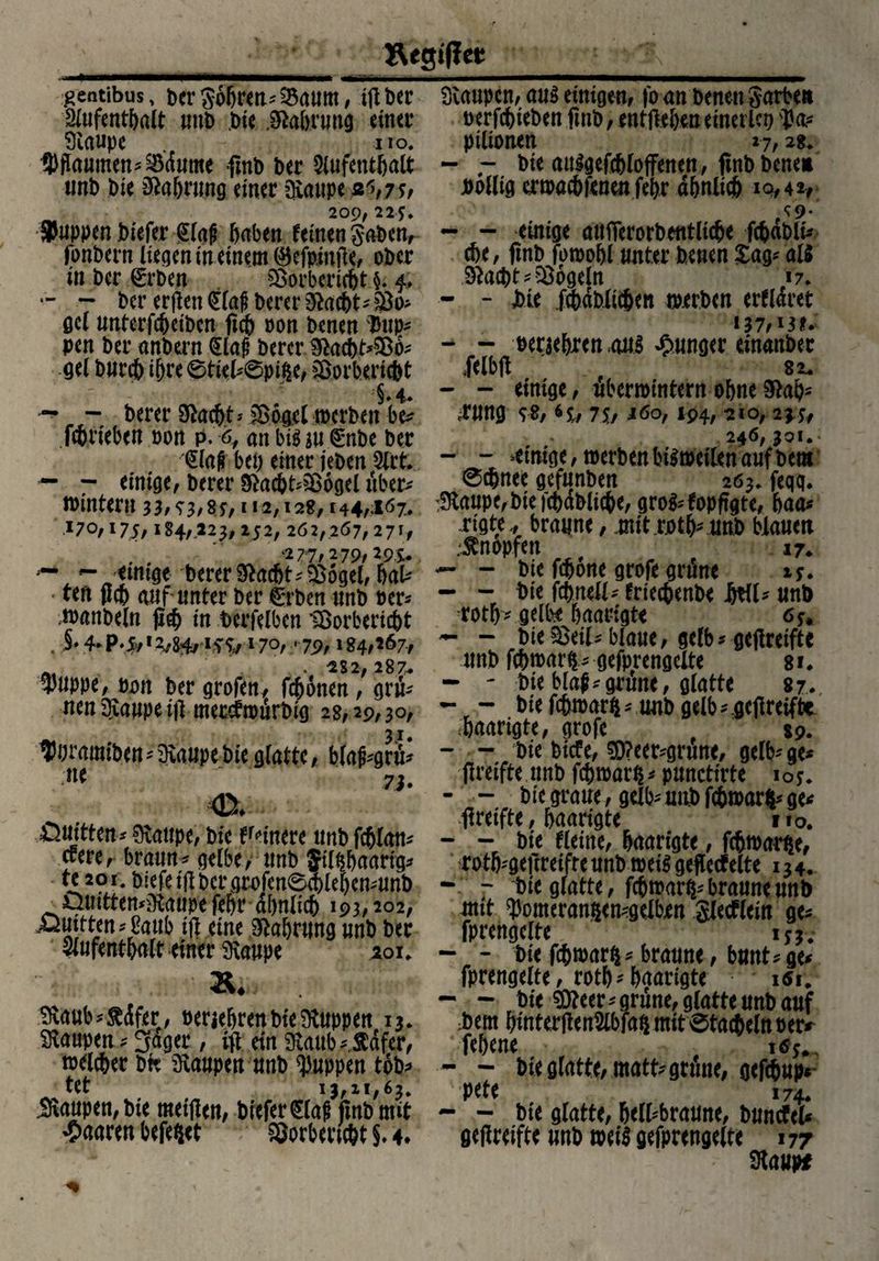 ftegifiet: gentibus, t>er Sohren? &amp;aum, tfl ber Aufenthalt mtb hie ,Stabrimg einer Staupe iio. 5)ftaumen?S8dume fmb ber Aufenthalt unb bie Währung einer Staupe aVf, 209,225. Stoppen biefer £(ajj haben feinen 3abenr fonbern liegen in einem ©efpinfte, ober in ber €rben §Borbertr6t §* $ * - - ber er (len €laf berer Stacht- $0? gcl unterfcheiben ftch oon benen kup¬ pen ber anbern (Slaj? berer Stacbt?$8o? gel burch i{jre0tiel?0pi§e, SSorbericht §.4. - - berer 9tacht?5>ögd »erben be* fchrieben oon p.6, anbi^u€nbe ber <2laf bei) einer jeben Art. - 7 einige, berer Stacht?3ß6gel über? wintern 33,^3,8*, 112,122,144,167. 170,175,184,223,252,262,267,271, , . ‘2 77/ 279, 29s. *- einige berer Stacht? $>6gel, hal? • ten (Ich auf'unter ber ferben unb ber* wattbeln ft$ in berfdben Sßorbericht §• 4* P*J&amp;/ *170, <79, 184,267., 'S s 2 287.» 5)uppe, tum ber grofen, fchonen,7 grü¬ nen Staupe ijl merefroürbig 28,29,30, Storamiben - Staupe bie glatte, bla|i?grü? nc 7}. ®. Quitten? Staupe, bie feinere unb fchlan- efere, braun* gelbe, unb $il$haarig? te 201. biefeijtbergrofen0chlehen-unb öutttemStaupe fehr ähnlich 193,202, ^^n- j?aub ift eine Stahrung unb ber Aufenthalt einer Staupe aoi. »♦ Staub*^dfer, beriehrenbieStuppen 13. Staupen * 3a0tr, ift ein Staub ?&amp;dfer, wdcher btt Staupen unb puppen tob? tet 13,11,63. Staupen, bie meiften, t>iefer €laft fmb mit haaren befeftet Sßorbertcht $. 4» Staupen, au$ einigen, fo an betten garbeit berfchieben fmb, entftehen einerlei ^a? pilionen 27,28. - 7 bie auSgefchloffenen, ftnb bene» bollig erwachftnen fehr ähnlich 10,42, ^9* - - einige attiTerorbentltche fchabltV che, fmb fowohl unter benen Sag? all Stacht??£6geln 17. - - Jbte XJdblichen werben erfldret 137,13*. - - beraehren .aus junger einanber felbft 82. - - einige, überwintern ohne Stäh¬ lung <;$, H, 7Sit iöo, 194,1210, 21 St 246,301. - - »einige, roerben L'iätücüen auf tem ©cpnec gefunben 263. feqq. :9taupe,biefd)abli<fc«, gro$»fopfigte, baa» rigte., braun«, tnit.rptb»uttb blaue» Snopfen 17. - - bi« ft&amp;ottc grofe grüne 1 $. - - bie fcbnell» friec&amp;enb« MU unb rotb» gelbe baartgt« 6j, - - bieSeil*blaue, gelb» geflreifte unb fcf)n>ar$* gefprengelte si. - - bie bla,« grüne, glatte 87. - - bie fc&amp;marft» unb gelb » geflreifte ;foaarigte, grofe , sp. - - bie biefe, ©?eer»grune, gelb-- ge» flreifte unb fd>n>ar$» punettrte ioy. - - bie grau«, gelb»nubf<b»ar$»ge« ftreifte, baarigte no. - - bie Heine, baarigte, fefwarfte, rotb»geftreifre imb rceis gefletfelte 134. - - bie glatte, fcfnoarfc braune unb utit ^omeramsen-'gelben glecflein ge» fprcngclte 153. - - bie fc&amp;roarfs»braun«, bunt» ge» fprengelte, rotb»baarigte i«r. - - bie SDteer» grüne, glatte unb auf Dem binterftenSlbfas mit ©tadeln per» febene 1,5, - — bie glatte, matt» gtune, gefebup« pete 174. - - bie glatte, belbbraune, bunctel» geflreifte unb n>«i$ gefprengelte 177 Stäup,