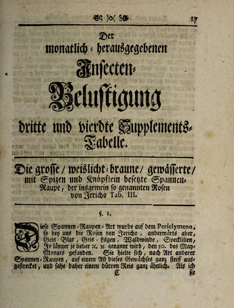 ©ec monatlich»bermtfgegeltenen hfitte mit» t>iert)te fgupplcntentö ©iegtojfe/ t»fiMicbt-&raune/ gerodfferte/ mit 0Dtjen ititb $«6pf(em befere (Spannen* SKaupe, t>er mlgemein fo genannten Stofe« »on3eeicbo Tab. in. i. MK^iefe (Spannen * Raupen * 2lrf tputbe auf bem Periclymene, fo bet) uns bie 5Xofen oon Jericho, anberrcarts aber, lBr^C-I ©eis Q$lat, ©eis - tilgen, SBalbroinbe, ©pecflilien, nß*5) 3e langer je lieber ec. jc genannt wirb, ben3o. bessötap» ^ s^onarö gefunben. Sie hielte fich, nach ^ct anberec (Spannen * Raupen, auf einem 91 ft biefes ©eroachfeS ganj fteiff aus* geftrecfet, unb fatje bafjer einem burren fXeiö ganj ähnlich« 211$ ich £ ge