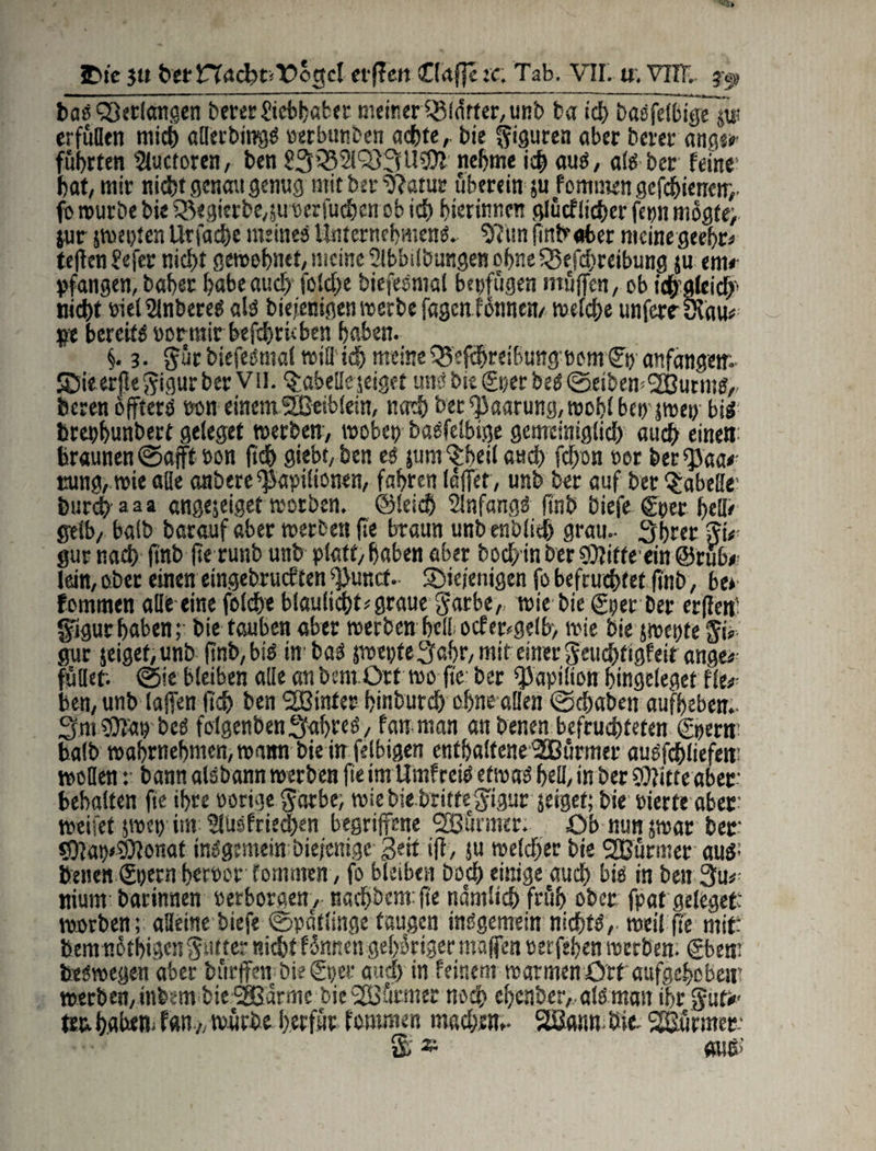 £hc jtt feer rTacbt* Vogel erffett Gaffe ic. Tab, VII. u. VITT.. j j» bas Verlangen bererficbfeabermeiner Qfldtter,unb ta id) basfe?btgelw erfüllen m:c6 «Ueibingö oerbttnben achte, bie Figuren aber bererangsi»- führten Sluctoren, ben 23Q52IQÖ3U50I nehme ich au$/ als ber feine hat, mir nicht genau genug mit her 9?atur überein ;u f ommen gefchietteir,. fo mürbe bie Q3egierbe,5u perfuchen ob ich hierinnen glücflicher fern mogte; jur jroepten Ur fache meines Unternehmens. 9?un fmfrafcer meine geehrt tefknfefer nicht gewöhnet, meine 2lbbilbungen ohneSSefchreibung ju em< pfangen, baher habe auch folche btefeSmal bepfügen muffen, ob idhgleich nicht biel Slnberes als biefenigen werbe fagen f ötinett/ welche unferr Siam bereits porrair befd&rhben haben. §. 3• Jür biefeemal will ich meine f&efchrdbungeom ©p anfangen. ©ieerpegigurberVil. ^abellqeiget ümibte©perbeS©etbem2Burms, feeren öffterö pon einemSBtiblein, nach ber Paarung, wohl ben jwep bis ferephunbert geleget werben, wobei) baSfelbige gemeiniglich auch einen braunen ©afft Pon ftdh giebt, ben es jum^heil auch fchon por ber^aa/ rung, wie alle anbere «fkpilionen, fahren (äffet , unb ber auf ber Tabelle feurch aaa angejeiget worben. ©Seich SlnfangS ftnb biefe ©per helle gelb, balb barauf aber werben fie braun unb enblitf) grau- 3brer fvü gur nach ftnb fte runb unb platt, haben aber hoch in ber Wittern ©rub* lein, ober einen etngebruef ten 5]}unct. Sbtefenigen fo befrucht et ftnb, be* fommen alle eine folche bläulich^ graue fjarbe, wie bie ©per ber erflen' gigur haben; bie tauben aber werben hell ocfmgdb, wie bie jwepte jfc- gur zeiget,unb flnb,bis tn baS ppepfeSabr, mit einer ^euchtigfeit ange* füllet'. ©ie bleiben alle an bentOtt wo fte ber fPapilion hingeleaet ffe* ben, unb (affen fich ben SfBintes binburd) ohne allen ©ebaben aufheben- 3 m Wap beS folgenbenJahres, fan man an benen befruchteten ©per«’ halb wahrnehmen, wann bie in felbigen enthaltene 20Bürmer auSfchliefw wollen: bann aisbann werben fie im Umfreis etwas heü, in ber Witte aber behalten fte ihre »orige $arbe, wiebie brifte^igur jeiget; bie pierte aber weifet jwep im Slitsfriechen begriffene SGBürmer. Ob nun jwar ber Wap»Wonat insgemein Diejenige Seit ift, ju welcher bie SBürmer aus* fernen ©pern hervor fommen, fo bleiben boch einige auch bis in ben 3m nium barinnen »etboraen, nachbem:fte na'mlich früh ober fpat geleget: worben; alleine biefe ©pdtlinge taugen insgemein nichts, weil fie mit: feem nothigctrSutter nicht fonnengehürigermaffenperfehen werben, ©ben: Deswegen aber bürjfen bie ©per aud) in feinem warmen ört aufgehobeir werben,infeem bie SSSärme bie SBürmer noch ehenbes-, als matt ihr $ata» tetx haben. fan„ würbe herfür fommen machen,- SLüarm feit Stürmer S * ftU6>