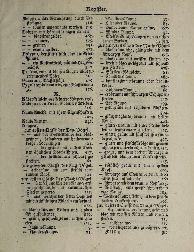 JJolppett/ ihre Vermehrung burd) 3er» fled>utig. 5‘6. - - fonnen umgemanbt mcrben. fip* $oh)pen mit bornerformigen Firmen — - bla${Irobgeiber. 46f« ■ — - brauner* 505* --grüner, i ~ * 53 *• -orattiengelber. 471. Polypus, ber ftuttelfüfd) ober bie 9)?eer* Winne, 440. — - ein !ftafem@efcbtpdruttb#er$:@c* tt>acb& 4+2» *|3roteu3/emmit bloflfen klugen nicht su* erfcnnenbe^ X^icr. 621. Pucerons, SBafierflübr* 479* Pygolampis lacuftris, eine &Böj]ermans $e. 170. B* JRdbcrfleittlein/fcerfleinerfe Körper. 556. SRabtbier oon iperm 25aler befcbrieben. 616. S?aub*5imeife mit ihren €igenfchaften. 102* DtoubsVienen. 241, Raupen, $ur erfienClafie fcerCng«tröget. — — and ber £)ornenraitpe ber bla& grünen, befonbern mit hochcarmin» rotten fcorufp^en 421. — - ber grünen mit rofhcn £)or» nen ähnlichen 6tad?elfpi$at* 417. — - ber bd&brauncn fchmar$ ge» flehten. 6a. mr sroeyten <£iafte t>?r£ag Pogd. - gelbgrüne nut bem fleifchfarben rtmben Äopf. 422. $nr erffen (Haffe t>er PJactjt/Dögel. - - Slepfel unb VSeibemDCgupe, grü* ne/gefd)manjte mit carroinrotben glcden gegierte. 2*3. - - au£ mcldjer ber fleiöc 93apilion mit burebftebtigen glügeln entfpringt. 278. - begrüne/ auf €id)en unb £inben fid) aüfbaltenbe. 23 p. - grüne/ gefcbtndnjtemit rotbenglc# den. '23*. - 3afmin»FKaupe. 5. - ^igufler^aupe. 25. - SJiaulbeer^aupe. 37. - ;Okaubcr»D?«upe. 85. - $pappelbaum$?aupe grüne* 187. — SÖBinbig-DSaupe. gy* - SBoIfö $iild):0iaupeu oon oerfd)ie» benengarben. 33 fqq# jur ;n> yten (Haffe t>er Vlactjt’Pogd - blaübraun!id)e, glanjcnbe mit bem fcf)tt>ar$en ^opf. 175. - blaPgrüne mit meiffen Linien. 67. - breirleibige,we$graue mit febrnar» $en glcden, 428. - Würfle» »Dtdupleitt* 81. - (EamtlleniDiaupe. 289. - bunile»$immetbraune ober braun» rofbe.  430, - €icbborm9?aupe* 69. - erbbraunemitfcbwar$cn0cbuppem fledcn. 4? 2. - (£rb:0?aupe. 399. - gelbgrüne mit erhabnen 2I6fd$cn. - glan^cnbglatte/braune mit bellen Äopf. 40I. - glatte/ braune mit einer 0?eibe hel¬ ler rautenförmiger glcden. 39g. - glatte/ grüne mit fünf weiften £jnien bejeiebnete. 427. - glatte unb fleifcbfarbige mit grauen febmar^en unterbrod)encn£imen,4? i* - graue/ mit bem breitenfebrnar^ein» gefaxten blaugraucn Dü/denfrreif. 425, - rotblieb graue mit einem gelben 3vopf- 400* - fdm>ar$e auf VMcmociben unb (£• feben fid) aufbaltenbe. 267 - febmar^e mit bem braunenftopf.sg?* - Vielfraß/ eine groffe fd)n>ar$ba<n rige D?aupe. 283, - 5£eibcn 0£aupe,Heme,nnt bem färben Diu den ft reif. 256. $ur öritten <Oa^e&ert7a4>t*Pögel. - 6pannenraupc/ braune/ gefdmei* bige mit roeiffett Druden unb Cetten, ßeden, 2 j, -rofbbratme. $?♦ — weiolicbtbrmme/ getoajferfe. 17, Äfff 3 |ur