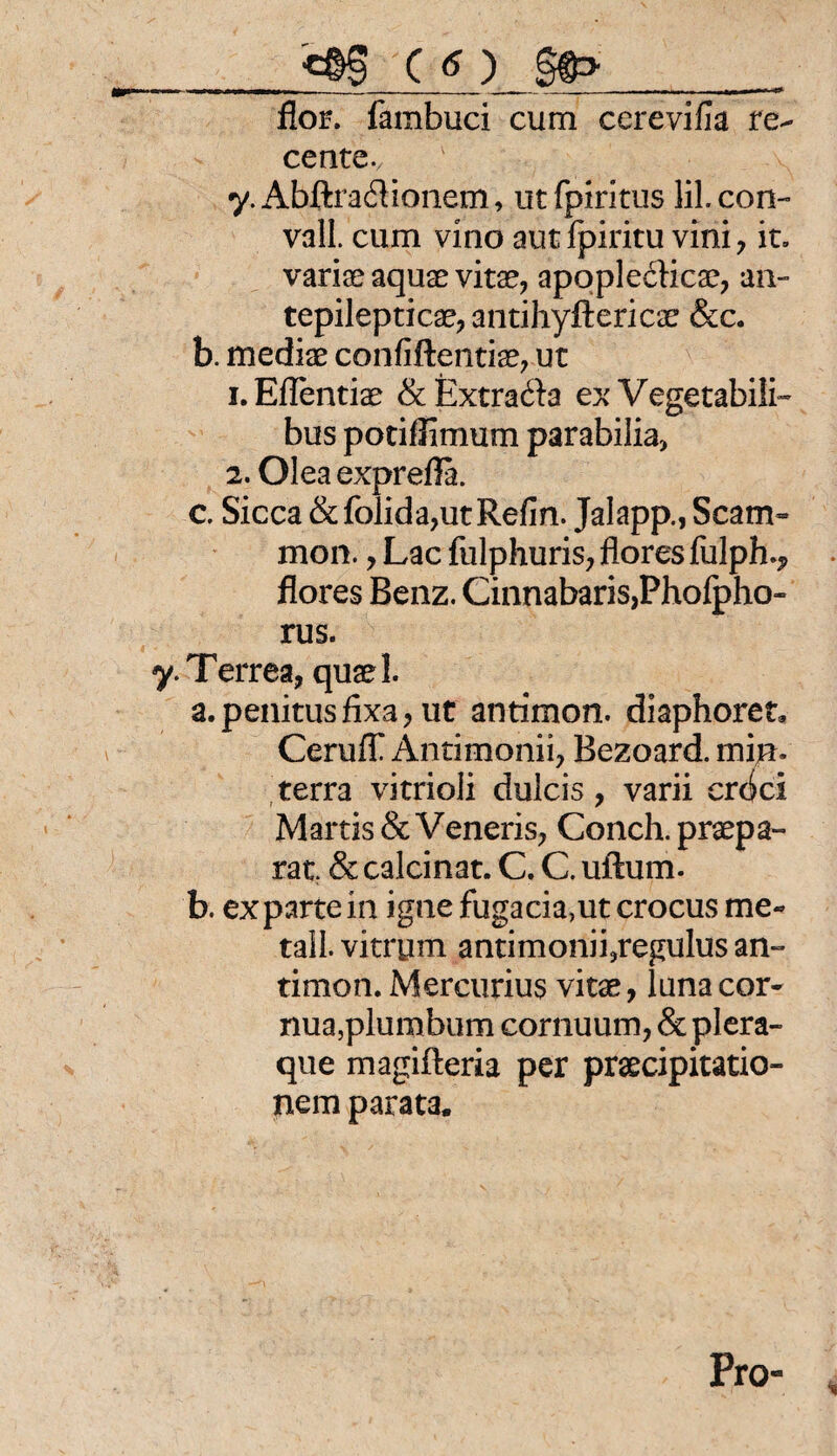 ) §ft>__ flor. fambuci cum cerevifia re- cente. y. Abftraftionem, ut fpiritus lil. con- vall. cum vino aut fpiritu vini 7 it. varise aquae vitae, apopledicae, an- tepilepticae?antihyftericaE! &c. b. mediae confiftentiae, ut 1. ElIentiae & Extrakte ex Vegetabiü- bus potiflimum parabilia, 2. Oleaexprefla. c. Sicca &folida,utRefin. Jalapp., Scarn- mon., Lac fulphuris, flores fulph.? flores Benz. Cinnabaris,Phofpho- rus. y. Terrea, quael. a. penitusfixa, ut antimon. diaphoret, Ceruff Antimonii, Bezoard. mijn. terra vitrioli dulcis, varii crcici Martis&Veneris? Conch. praepa- rat. & calcinat. C. C. uftum. b. expartein igne fugacia,ut crocus me- tall. vitrum antimonii,regulus an- timon. Mercurius vitae, lunacor- nua,plumbum cornuum, & plera- que magifteria per praecipitatio- nem parata. Pro-