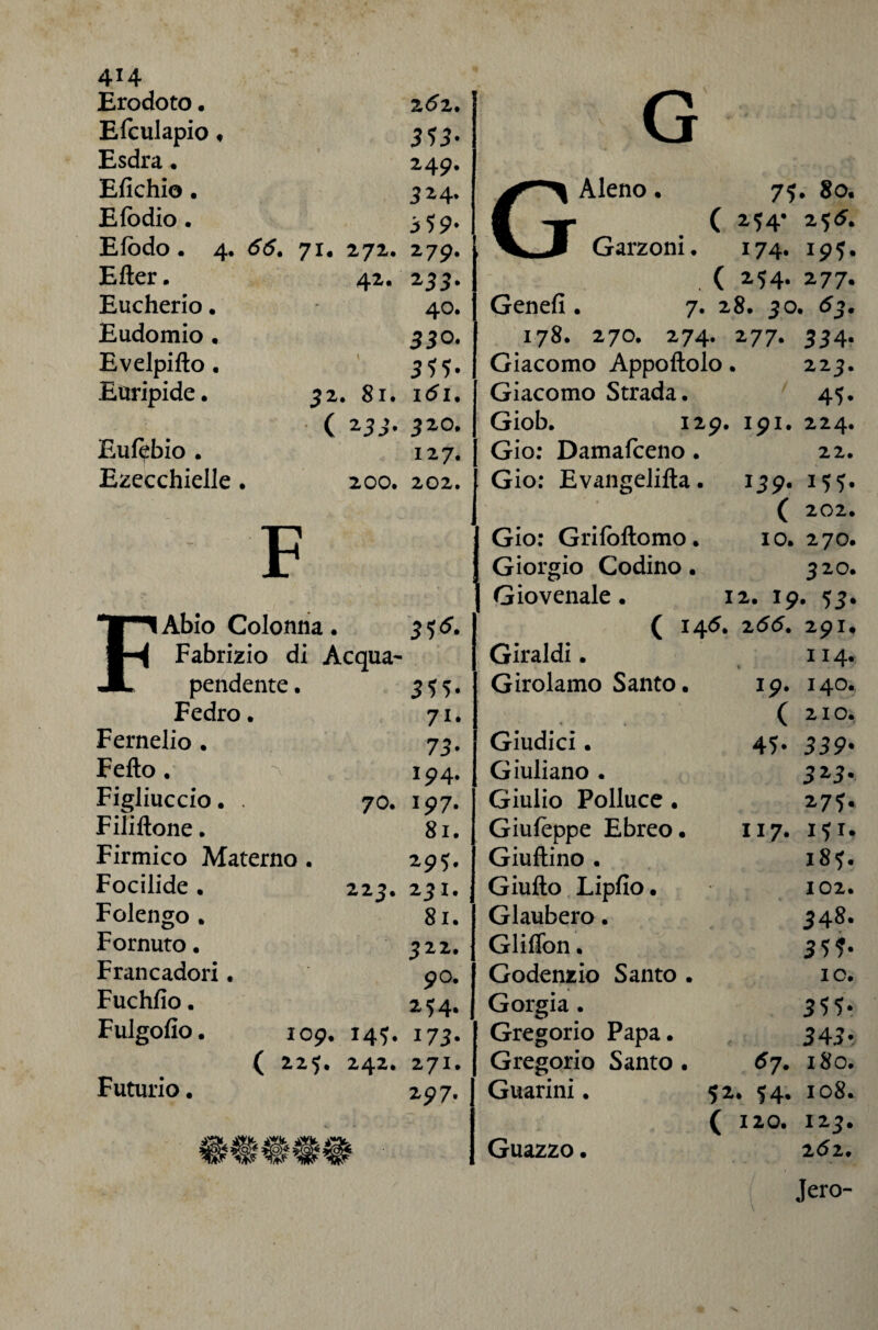 Erodoto. Efculapio ♦ Esdra. Efichio. E Iodio. Efodo. 4. <5*5, Efter. Eucherio. Eudomio. Evelpifto • Euripide • Euf^bio . Ezecchielle. 252* 3S3- 249. 324. 359- 71. 272. 279. 42. 235. 40. 530. 355- 52. 81. i5i, ( ZJJ. 320. 127. 200. 202. F “■ 1 Abio Colonna. Fabrizio di Acqua- JL pendente. 555- Fedro. 71- Fernelio. 73- Fefto. 194. Figliuccio. . 70. Ip7- Filiftone. 81. Firmico Materno. 29?. Focilide . 223. 231. Folengo . 81. Fornuto. 322. Francadori. 90. Fuchfio. 254. Fulgofio. 109. 14^ 173. ( 2.25. 242. 271. Futuri©. 297. G Aleno. • 00 0 • f X ( 254* 2%6. Garzoni. 174. 195. ( 254. 277* Genefi. 7. 28. 30. 5j. 178. 270, 274. 277. 534. Giacomo Appoftolo. 223. Giacomo Strada. 45- Giob. 129. 191. 224. Gio; Damafceno. 22. Gio: Evangelifta. 139. 155. ( 202, Gio: Grifollomo. IO. 270. Giorgio Codino. 320. Giovenale. 12. 19. 5j. ( 145. 255. 291. Giraldi. 114. Girolamo Santo. 19. 140. ( 210, Giudici. 45- 359* Giuliano . 3^5* Giulio Polluce . 27%. Giufèppe Ebreo. Il7. i$i. Giuftino . CO . Giulio Lipfio • 102. Glauber©. 348- Gliflbn. 3^?* GodenEio Santo . IO. Gorgia. 355*. Gregorio Papa. 343- Gregorio Santo . 57. 180. Guarini. • • 0 oc • ( 120. 123. Guazzo. 262. Jero-