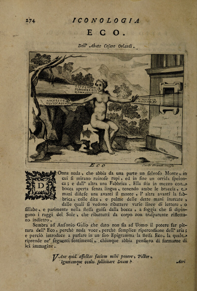 ECO. Dell*' cibate Cefare Orlandi Onna: nuda * che- abbia dà. una. parte un felvofo Monte ,. inr cui fi mirano ruinofe rupi , ed in fine un orrida fpeìon- ca ; e daH*’ altra, una Fabbrica .. Ella llia in mezzo con__$ bocca aperta fenza linguatenendo ambe le braccia , mani dille fe una avanti il monte Y altra avanti la fab¬ brica , colle dita , e palme delle dette mani inarcate r dalle quali fi vedono ribattere varie linee di lettere , o fillabe ,, e parimente nella. ftetTa guifa dalla bocca , a foggia che fi dipin¬ gono i raggi del Sole ,, che rib.att.utti. da. corpo non. trafiparente rifletto¬ no indietro Sembra ad' Aufonio Gallo- che dato; non fia ad Uomo il potere far pit¬ tura: dell* Eco , perchè nuda voce, perchè femplice ripercoflione dell* aria ; e perciò, introduce a parlare in un fuo Epigramma la ilella Eco,, la. quale-* riprende ne’ feguenti, {entimemi »,, chiunque abbia p enfierà- di formarne di fei immagine „ j7<Àne quid, affé5las fàcìem mìhì ponere * Tìclor  ' Ignotamqm qchIis. [ollkitan. Deam.h *deri