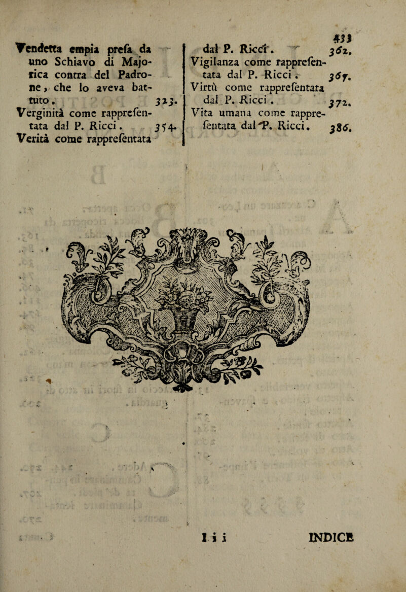 Vendetta empia prefa da uno Schiavo di Majo- fica conrra del Padro¬ ne , che lo aveva bat¬ tuto, 323. Verginità come rapprcfen- tata dal P. Ricci. . 354. Verità come rapprefèntata #31 dal P. Ricci’. ~ 362. Vigilanza come rapprefen- tata dal P. Ricci r jóf. Virtù come rapprefentata dai P. Ricci . 371. Vita umana come rappre- fentata dal'P. Ricci. 3$$, / ì