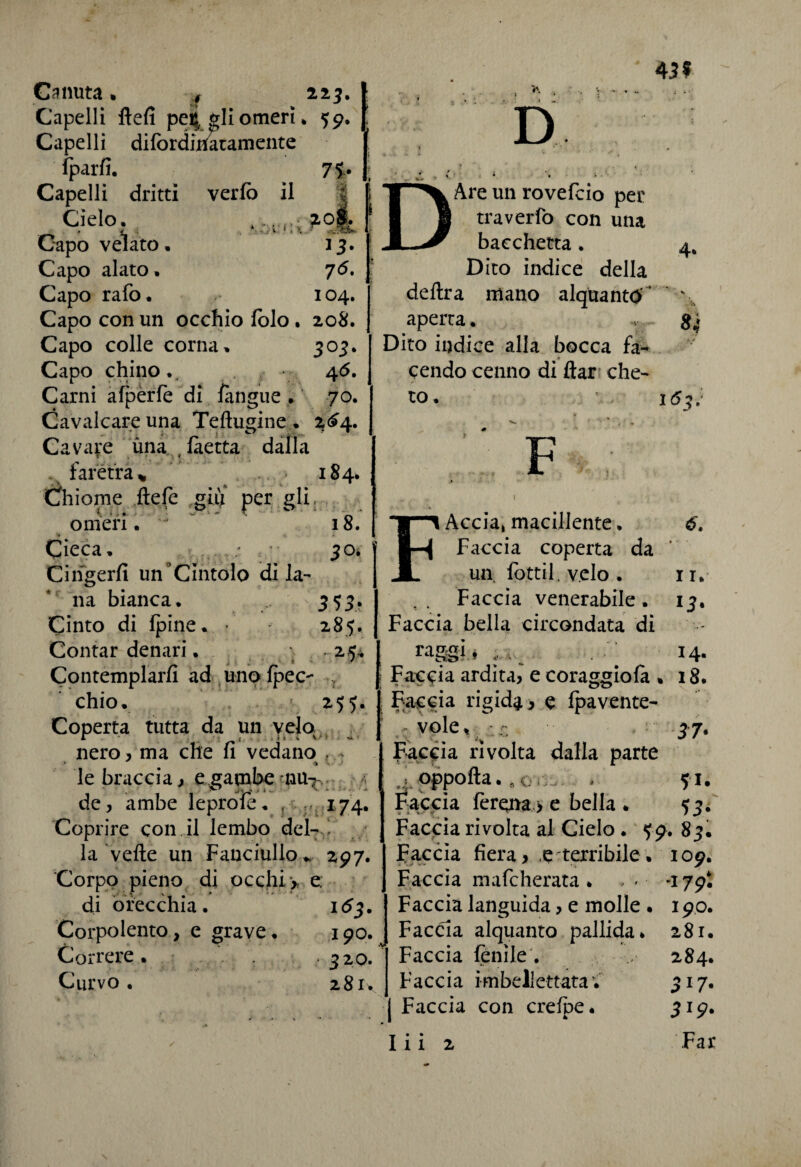 Canuta. , 223. Capelli ftefi peli, gli omeri. 59» Capelli difordiuatamente fparfi. 71- Capelli dritti verfo il Cielo. : . ‘.be.;4 Capo velato. 33. Capo alato. 7 <5. Capo rafo. 104. Capo con un occhio folo . 208. Capo colle corna % 305. Capo chino .. 4<5. Carni alperfe di /àngue . 70. Cavalcare una Teliugine. ^£4. Cavare una.., filetta- dalla . faretra % 184. Ch ionie ilefo giu per gli, omeri.  18. Cieca. . ... 30. Cingerli un Cintolo di la¬ na bianca. {353. Cinto di fpine. • - 285. Contar denari. ; . » / Contemplarli ad unolpec- chio. 2$ 5. Coperta tutta da un velo nero, ma che fi vedano , le braccia, e gambe /, de, ambe ieprofo. ( 174. Coprire con il lembo del- ! la velie un Fanciullo297. Corpo pieno di occhia e; 43» »\ D di orecchia. Corpolento, e grave. Correre . Curvo • 153. 190. 320. 281* Are un rovefcio per tra verfo con una bacchetta. Dito indice della delira mano alquanto'* aperta. Dito indice alla bocca fa- » cendo cenno di ftar che¬ to. 4« 8 •t 163 : F Accia» macillente. Faccia coperta da un, fotti!. velo . Faccia venerabile. Faccia bella circondata di raggi.* , ; Faccia ardita, e coraggiola » Faccia rigida > e Ipavente- vole. , *••• ; Faccia rivolta dalia parte j oppolla. 8 o . Faccia ferina > e bella . Faccia rivolta al Cielo . <> 9. 83, Faccia fiera, ,e terribile. 109 Faccia mafcherata. Faccia languida, e molle * Faccia alquanto pallida. Faccia fonile . Faccia imbellettata; j Faccia con creine. I* • 11 2 6'. i r, 14. 18. 37- 5*. O *79- 190. 281. 284. 3*7* 3i9- Far