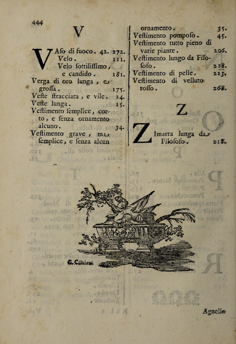 Alò di fuoco. 42. 272. Velo. in. Velo lottili filmo > e candido. igfi. Verga di oro lunga > o grò fifa ^ 175. Vefte {tracciata , e vile .. 14. Vefte lunga. 15. Veftimento lèmplice, cor¬ to ,, e lenza ornamento alcuno. Veftimento ice grave , mur e lenza alcun ! ornamento. 55. Veftimento pompo fo. 47. ! Veftimento tutto pieno di varie piante. 2G<5. Veftimento lungo da Filo- lòfio. 218. Veftimento di pelle. 22 Veftimento di velluto - roftb .• /■ z Imarra lunga da_r Fiiofofor 2iSv 2££v fii- Agnello