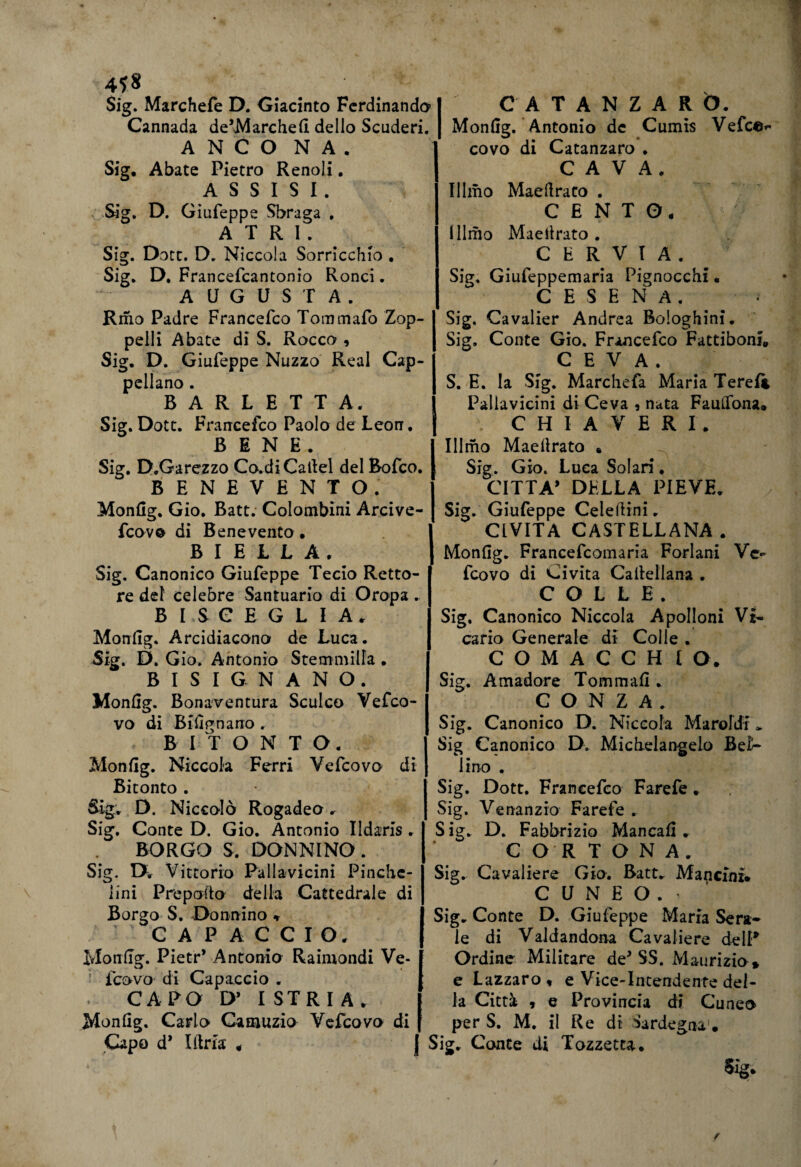 4*8 Sig. Marchefe D. Giacinto Ferdinando Cannada de’Marched dello Scuderi. ANCONA. Sig. Abate Pietro Renoli. ASSISI. Sig. D. Giufeppe Sbraga . ATRI. Sig. Dote. D. Niccola Sorricchio , Sig. D. Francefcantonio Ronci. AUGUSTA. Rmo Padre Francefco Tommafo Zop- peili Abate di S. Rocco , Sig. D. Giufeppe Nuzzo Reai Cap¬ pellano . BARLETTA. Sig. Dott. Francefco Paolo de Leon. BENE. Sig. D.Garezzo Co.diCatlel del Bofco. BENEVENTO. Mondg. Gio. Batt. Colombini Arcive- feovo di Benevento . B I E L L A. Sig. Canonico Giufeppe Tecio Retto¬ re del celebre Santuario di Orops. BISCEGLIA. Mondg. Arcidiacono de Luca. Sig. D. G io. Antonio Stemmilfa. BISIGNANO, Mondg. Bonaventura Sculco Vefco- vo di Bidgnano , BITONTO. Mondg. Niccola Ferri Vefcovo di Bitonto . Sig. D. Niccolò Rogadeo. Sig. Conte D. Gio. Antonio Ildaris . 1 BORGO S. DONNINO. Sig. Dv Vittorio Pallavicini Pinche- iini Prepodo della Cattedrale di Borgo S. Donnino » CAPACCIO. Mondg. Pietri Antonio Raimondi Ve- • icovo di Capaccio . . CAPO D* ISTRIA. Mondg. Carlo Camuzio Vefcovo di | Capo d* Idria » J CATANZARO. Mondg. Antonio de Cumis Vefce*- covo di Catanzaro . CAVA. Il Imo Maedrato . CENTO. I limo Maedrato . CERVIA. Sig. Giufeppemaria Pignocchi « CESENA. Sig. Cavalier Andrea Bologhini. Sig. Conte Gio. Francefco Fattiboni, C E V A . S. E. la Sig. Marchefa Maria Terefì Pallavicini di Ceva , nata Faulfona. CHI AVERI. Illnio Maedrato « Sig. Gio. Luca Solari. CITTA* DELLA PIEVE. Sig. Giufeppe Ceiedini „ CIVITA CASTELLANA . Mondg. Francefcomaria Forlani Ve¬ fcovo di Civita Cadellana . COLLE. Sig. Canonico Niccola Apolloni Vi¬ cario Generale di Colle . COMACCH I O, Sig. A madore Tom m ad . C O N Z A . Sig. Canonico D. Niccola Maroldi » Sig Canonico D. Michelangelo Bel¬ lino . Sig. Dott. Francefco Farefe, Sig. Venanzio Farefe . Sig. D. Fabbrizio Mancad . CORTONA. Sig. Cavaliere Gio. Batt. Mancini. CUNEO. i Sig. Conte D. Giufeppe Maria Sera¬ le di Valdandona Cavaliere dell* Ordine Militare de* SS. Maurizio# e Lazzaro» e Vice-Intendente del¬ la Città 9 e Provincia di Cuneo per S. M. il Re di Sardegna1, ig. Conte di Tozzetta,