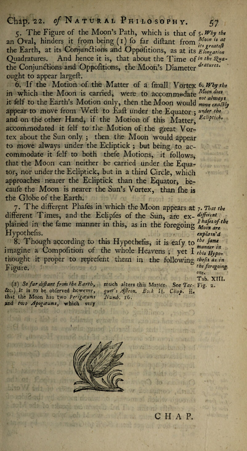 5. The Figure of the Moon’s Path, which is that of 5.Why the an Oval, hinders it from being (1) fo far diftant from Vj°on /J ** the Earth, at its Conjunctions and Oppofitions, as at its 1 El™gal ion Quadratures. And hence it is, that about the Time ofin tke 0“*- the Conjunctions and Oppofitions, the Moon’s Diameter dratures' ought to appear largeft. 6. If the Motion of the Matter of a fmall Vortex 6* Why the in which the Moon is carried, were to accommodate Moondoes it felf to the Earth’s Motion only, then the Moon would ZweTxa&ly appear to move from Weft to Eaft under the Equator . under the and on the other Hand, if the Motion of this Matter, Echt>tHk' accommodated it felf to the Motion of the great Vor¬ tex about the Sun only ; then the Moon would appear to move always under the Ecliptick ; but being to ac¬ commodate it felf to both thefe Motions, it follows, that the Moon can neither be carried under the Equa¬ tor, nor under the Ecliptick, but in a third Circle, which approaches nearer the Ecliptick than the Equator, be- caufe the Moon is nearer the Sun’s Vortex, than fhe is the Globe of the Earth. 7. The different Phafes in which the Moon appears at 7. That the different Times, and the Eclipfes of the Sun, are ex- differtnt plained in the fame manner in this, as in the foregoing Hypothecs. . explain'd. 8. Though according to this Hypothecs, it is eafy to the Samt. imagine a Compofition of the whole Heavens ; yet I ^hh^Uypo- thought it proper to reprefent them in the following as in Figure. the foregoing. one. Tab. XIII. (1) So far diftant from the Earth, much alters this Matter- See Tac- Fig. 2. &c.) it is to be obferved however, quet'% AJlron. Eoik H. Chap. it, that the Moon has two Ferigeeums A!umh. l6. And two Apogaums, which very C H A P.