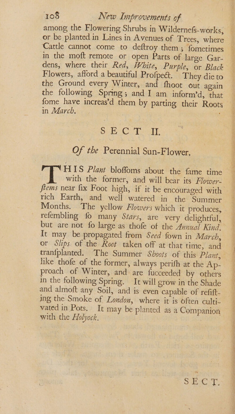 among the Flowering Shrubs in Wildernefs-works, or be planted in Lines in Avenues of Trees, where _ Cattle cannot come to deftroy them ; fometimes in the moft remote or open Parts of large Gar- dens, where their Red, White, Purple, or Black Flowers, afford a beautiful Profpeét. They die to the Ground every Winter, and fhoot out again the following Spring; and I am inform’d, that fome have increas’d them by parting their Roots _ in March. | Bd Corb dy. Of the Perennial Sun-Flower. | T HIS Plant bloffoms about the fame time with the former, and will bear its Flower- flems near fix Foot high, if it be encouraged with rich Earth, and well watered in the Summer Months. The yellow Flowers which it produces, refembling fo many Stars, are very delightful, but are not fo large as thofe of the 4ynual Kind. It may be propagated from Seed fown in March, or Slips of the Root taken off at that time, and tranfplanted. The Summer Shoots of this Plant, like thofe of the former, always perifh at the Ap- proach of Winter, and are fucceeded by others in the following Spring. It will grow in the Shade and almoft any Soil, and is even capable of refift-_ ing the Smoke of London, where it is often culti- vated in Pots. It may be planted as a Companion with the Alolyock. | | SECT.