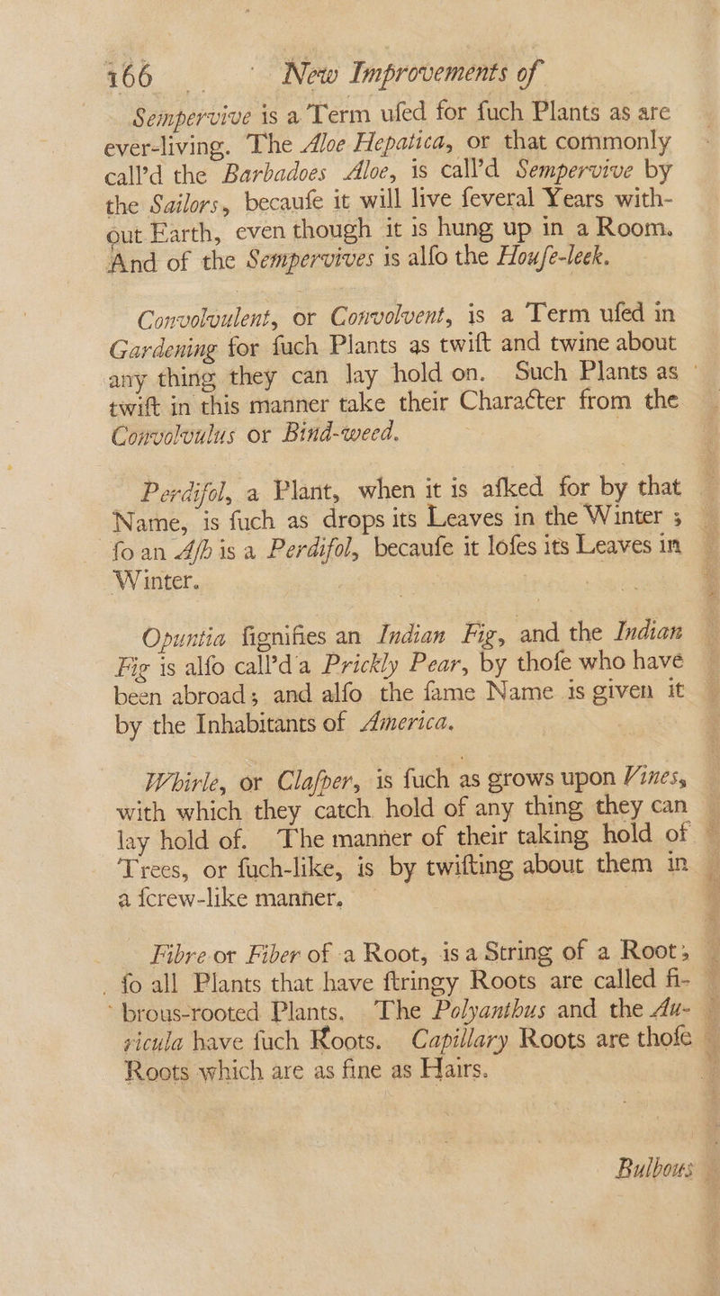 Sempervive is a’Term ufed for fuch Plants as are ever-living. The Aloe Hepatica, or that commonly call’d the Barbadoes Aloe, is cal?d Sempervive by the Sailors, becaufe it will live feveral Years with- out Earth, even though it is hung up in a Room. And of the Sempervives is allo the Houfe-leek. Convoluulent, or Convolvent, is a Term ufed in Gardening for fach Plants as twift and twine about twitt in this manner take their Character from the Convoloulus or Bind-weed. Perdifol, a Plant, when it is afked for by that Name, is fuch as drops its Leaves in the Winter 5 foan 4h isa Perdifol, becaufe it lofes its Leaves in Winter. 7 2 Opuntia fignifies an Indian Fig, and the Indian Fig is alfo call’d’a Prickly Pear, by thofe who have by the Inhabitants of America, Whirle, or Clafper, is fach as grows upon Vines, with which they catch hold of any thing they can a {fcrew-like manner. $3 ti Roots which are as fine as Hairs.