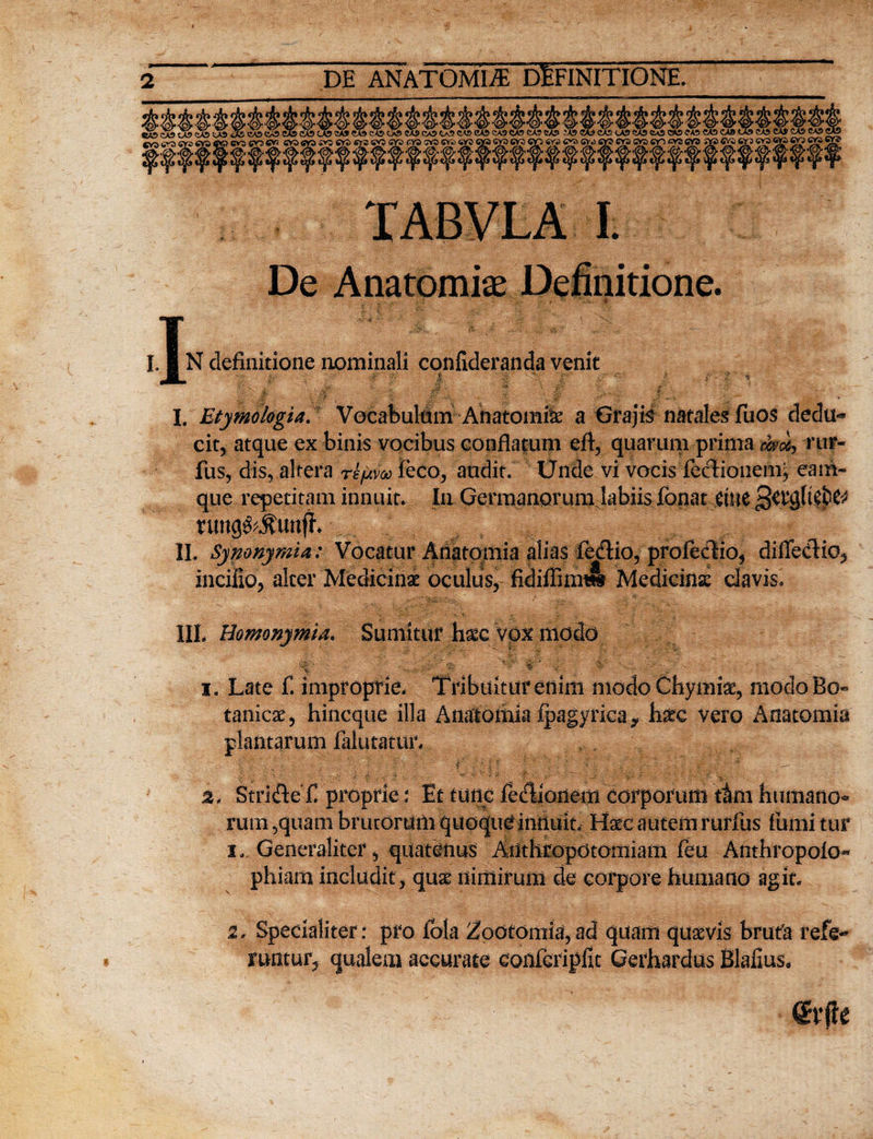 De Anatomic T 1.1 N definitione nominali conlideranda venit JLm f J £ mg :;'c ■ tr. : • .5 • v. .s® v . . v.. ?»■ . :--tiv ' ' ... ■ ■ I. Etymologia. Vocabulum Anatomise a Grajis natales fuos dedu- cit, atque ex binis vocibus conllatuni eft, quaruni prima chu, ruif- fus, dis, altera 'rkpfia leco, audit. Unde vi vocis fecbioiiemj eaih- que repetitam innuit. In Germanorum labiis fonat etue ru!U3iV.kuitff. II. Synonymia: Vocatur Anatomia alias lectio, profectio, difledio, incifio, alter Medicini oculus, fidiffiintfe Medicinse davis. III. Homonym*. Sumitur hsc vox raodo %{■ *r -- .  i. Late ft improprie. Tribuiturenim modo Chymiae, modo Bo¬ tanies, hineque ilia Anatomia fpagyrica, hsec vero Anatomia plantarum falutatur. Stride ft proprie: Et tune feeftionem corporum tam humane* rum ,quam brutorum quoqueinttuit. Hate autemrurfus ftumi tur i„ Generaliter, quatenus Atithropotomiam feu Anthropolo- phiam includit, quae nimirum de corpore humano agit. 2. Specialiter: pro lola Zootomia, ad quam qusvis brut'a refe* runtur, qualem accurate confcripfit Gerhardus Blalius.