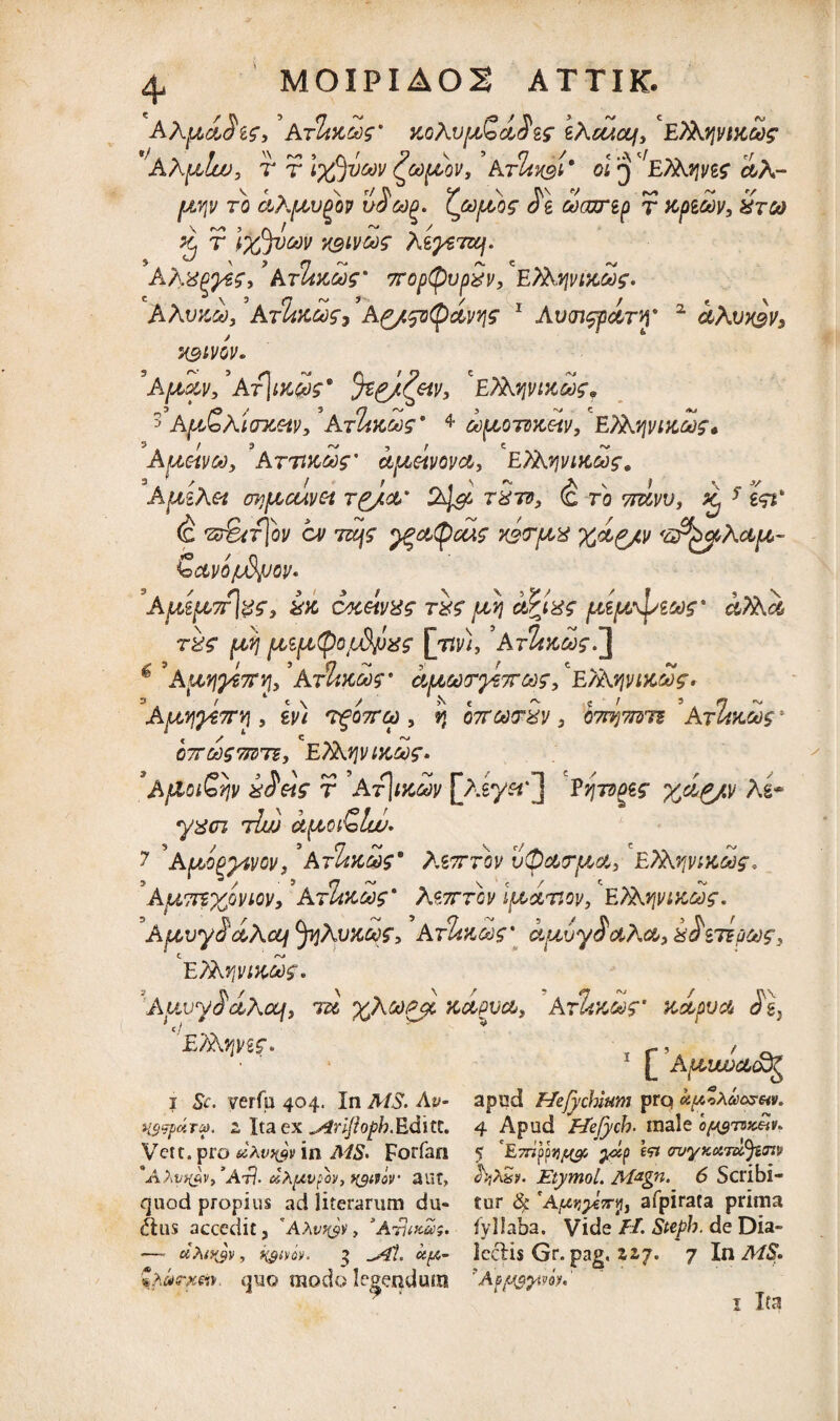 ^ M0IPIA02 ATTIK. A A{A&Sis, ’Arltzdg' KQhup!oi$&f tXcctcq, ETXyjvizci^ fAXpduu> r t itfjvw fapcov, ArluSi* ol 3 ^ETAv\n$ ctA- jtAjji/ to dXptvpov vSooq. ZctJfAQf Je aaorep t xpiav, htgo Xj r IxfjVtov wwm kzysTU]. AAs^ye?,9AtImgos' vroptpvpSv, ETXyivizoog, AXvzd, AtLkw> Ag/zvtytivqs 1 Av(n$pdrq* 2 aXvxgv, 'ABtVOV. ^Aptav, ’At\ik£s* ffcg/fav, r£?Afjivucag, 5 ApcSxicrzsiv, * A TliKtxs' * &)p,07ZKetv, E fiAqviicaf* Auetvoo, ATTtzug' dpieivoyct, EXAqiancos. Apiix&t oyptcuvet r&icr jt^gi tSto, (c to mvv, £ 5 <C 'Z&Ct]qV CV 7%jS y^CttyoUS TGCfiX %&g/V 'U&^OtXcLpC- Qai/Q/L&/JOV* *A[ASpt,7f\g£, XZ CU&tVXS TXS jLt:/} C&lxs jU£{Z\p£W d?Xd T&S pt)j f&i[Jt,QojU$piiS £7«/}, ^A tUku>S^\ £ 9 Awqyffi^ 9 ArUms* a[Aaoys7rq?, E/Aovinas. ApLVjyeTTYi, ivi TfOTTCt), »j o7TcotSv, fonjmrB Arlizoos * 07T60SVVTS, E?XtJVM&f» *Aj&ot£iiv xS&s t At\m*w [/iyerj As~ y^crj tAJ dpcc&lw* 7 'ApoQyivov, * AtIizoos' Xitttcv uOctrpict, EXAvivuccos* 5AJbLffiXPVlOV, AtUzooS' X97TT0V iptXTlOV, EfavjVtKCOS- AfZvyS'dxcq fyXuncos, AtImcos' dpnuySctXct, bteocos, E7A minas» AuvyddXocf, rd %Xcopjx. ndpva, At%kw ndpva d% c J EXKfjvef- 1 Sc. vetfu 404. In AIS. Av- H$?paTep. z Ita ex ^Srijioph.Editt. Vett. pro xAvxjtv in AIS* Forfan AXv^v/Ari. uXpvfov, ngtvov allt, quod propius ad literarum du¬ ctus accedit, 'AXvf&v, ‘Atticas, *— ciXiyJv, i@tvoy. 3 ~A'h otp,- %xk?xw. quo modo legendum 1 £ AiwjpcLqo?^ apud ffeJychiuM prq kp%Xcecv&v. 4 Apud ffejych. male opyrncAv* 5 'E7npp«^ yoty \<n ovyxotTufyoiv hjXSy. Etymol. MaSn' 6 Scribi¬ tur 4’ 'Afe^Vjf, afpirata prima fyllaba. Vide //. de Dia- Icctis Gr. pag. 22,7. 7 In MS1. 'AoM$yivoh