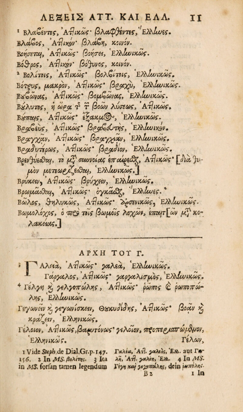 1 BAa&VTS?, *AtJmM' $Acl$%vtisE7i\lwi$. BAcl&c$, 3 A'tIikbv' (ZAc&yi, KCtVQV. BcyjZTUj, 3ArliKW' (ioYiret, E7A!wikus, Bo&pog, 'AtIixbv' (ZoJvvoz, koivqv* * BoXi-ms, Atiiyccog* (ZoA&tviz, ETAIwmm?* pidxpbv, At]ix,a>£* /3^%tJ> EJ&IuJMue. EXcteVctt, 3At\lWS% (iopQoovc&S, EifltJwtxeas* B#AU7tf, yj a&t $ r (iodv Avasaof, At?ww» B^tzk/s', AtliKttf* t^ctycpc©*, 'eAklujMW. B&c£iuf} 3AtIitcu)^ (Zgp&djvjf, E7AIojit&v. *e?yX*v> Atlixas* &p$tyx}&v3 ETKIwmcas* B^p^vTgpcoz, ’Atlixas* (ipyuhov, EAAluuiy,dg9 Bgivjvz&ztf, 73 <Uy (Tuuvolou; tTTCUQlQ^, AtJiKW* j^hct^V- /LtOV ptZ7lCt)£/Ct<dzq, E?A.twUCOd$^\ BpvK&Vy ’Athttwr (Zpvx&V’ ^?XlunK6og» Bpcdfiacdzq^ AtIiicW' oyxdcdfc, Etihbueg. * BcoAofy ^AvKMfy At)ikW ?viKcog0 ETAlunawg. BUfJLOAoXOZ, O <ZffQ Ttls Ac%d)>, i7nxjT[cov $ kc- A c&KetugJ] APXH TOT T. 5 T^AAfti, AtImm?' yctAici, 'eTaIuumw. Tdp)aAQ$3 AtiiKoog9 pzpXzAirpiQf, ET^Iwmdg, 4 YiAyy} Kj 'yeA'yo7ruAY\s, *AtJikus* pdmg (& pw7n7rd- A»/f, EtxlwiKoog. nyoovHv 3{j yeyaviOTietv, OxxvMrif, 'At\ikoos* (2odv £ Kpccteiv, ETAyivmooS' TtAcicv, At1 ikw ,(2ctgjT0vug' ytAoiov, TrZQTrtg/OXTMfdiJOV, EXkyjviKM?, TgA^ i Vide Steph.de Dial.Gr.p. 147. TuXiu, ’Atl yx\toj, aut r«‘ 156. t In A/& fiohini;. 3 Ita A?, ’At?. yxhWi EA. 4 Ia in A/S. forfan tamen legendum #«/ yt^Trdxjj$, dein pw/ro^tf. B i 1 In