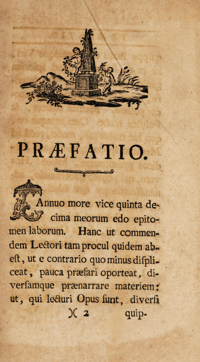 PRiEF ATIO. Annuo more vice quinta de» cima meorum edo epito¬ men laborum. Hanc ut commen¬ dem Ledori tam procul quidem ab- eft, ut e contrario quo minus difpli- ceat, pauca praefari oporteat, di- verfamque praenarrare materiem* ut, qui leduri Opus funt, diverft )( 2 quip*