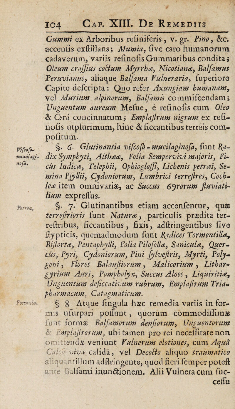 Vifcopj- mucilagi- nofk. Terrea» Formula? 304 Gap. XIII. De Remediis Cummi ex Arboribus refiniferis , v. gr. Pino, accenfis exftillansj Mumia, five caro humanorum cadaverum, variis refinofis Gummatibus condita $ Oleum crajjlus coBum Myrrha, Nicotiana, Balfimus Peruvianus, aliaque Balfama Vulneraria, fuperiore Capite defcripta: Quo refer Axungiam humanam, vel Murium alpinorum, Balfamis commifeendam j Unguentum aureum Mefue, e refinofis cum Oleo & Cera concinnatum j Emplaftrum nigrum ex refi- nolis utplurimum, hinc & liccantibus terreis com- politum. §. 6 Glutinantia vifcofo - mucilaginofa, funt Ra¬ dix Symphyti, Althaea, Folia Sempervivi majoris, Fi- cus Indica, Telephii, OphiogloJJJ, Lichenis petraei. Se¬ mina BJyllii, Cydoniorum, Lumbrici terrejlres, Coch- lea item omnivariae, ac Succus 6ryforum fluviati¬ lium expreiTus. §. 7. Glutinantibus etiam accenfentur, qux terrefirioris funt Natura, particulis praedita ter- rellribus, liccantibus , fixis, adftringentibus five ifypticis, quemadmodum funt Bg dices Tormentilla, Bijlorta, Pentaphylli, Folia Pilo fella, Sanicula. Quer¬ cus, Pyri, Cydoniorum, Pini fylveflris, Myrti, Poly¬ goni , Flores Balaujliorum, Malicorium , Lithar- gyrium Auri, Pompholyx, Succus Aloes, Liquiritia^ Unguentum deficcativum rubrum, Emplajlrum Tria- pharmacum} Catagmaticum. § 8 Atque fingula haec remedia variis in for¬ mis ufurpari poliunt, quorum commodillimag funt formae Balfamorum denfiorum, Unguentorum &: EmplaJlrorum, ubi tamen prorei neceilitate non omittendae veniunt Vulnerum elotiones, cum Aqua Caldi viva calida, vel DecoBo aliquo traumatico aliquantillum adftringente, quod fieri femper poteft anxe Balfami inun&ionem. Alii Vulnera cum fuc- ceffu