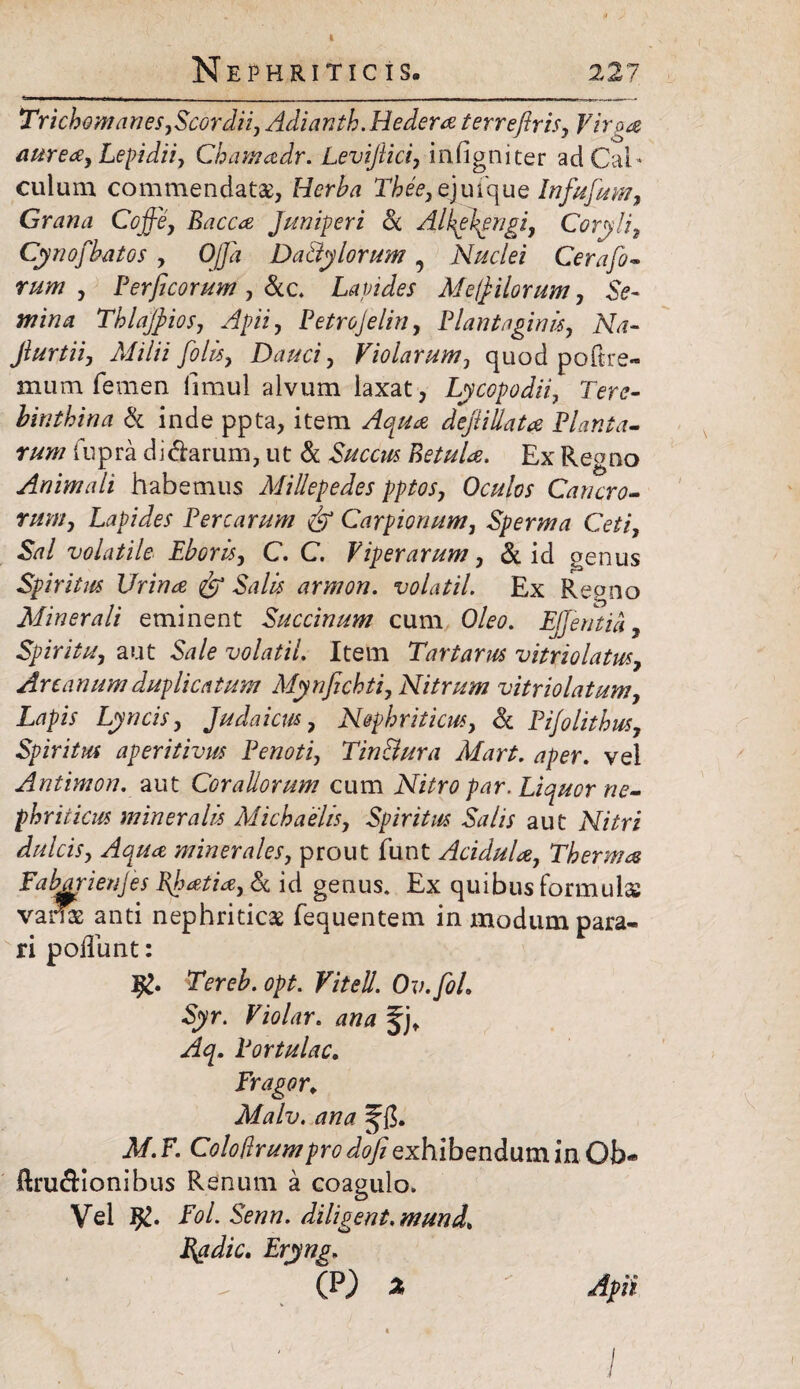 Trichom anes,Scordii, Adianth.Hedera terreftris, Virga aurea. Lepidii, Chamadr. Leviftici, infigniter ad Cab culum commendata, Herba Thee, ejuique Infufum, Grana Coffe, Bacca Juniperi Sc Alkehpngi, Coryli, Cynofbatos , Offa Da&ylorum, Nuclei Cerafo- rum , Ver ficorum , &c. Lapides Me (pilorum, Se¬ mina ThlaJJios, Apii, Petrojelin, Liant aginis. Na- Jlurtii, Milii [olis, Dauci, Violarum, quod poftre- mum femen limul alvum laxat, Lycopodii, 7er<?- binthina & inde ppta, item dejiillata Planta¬ rum fupra di&arum, ut & Betula. Ex Regno Animali habemus Millepedes pptos, Oculos Cancro¬ rum, Lapides Percarum ffp Carpionum, Sperma Ceti, «&?/ volatile Eboris, C. C. Viperarum, & id genus Spiritus Urina ffpp Salis armon. volatil. Ex Regno Minerali eminent Succinum cum Oleo. EJJentia, Spiritu, aut volatil. Item Tartarus vitriolatus, Arcanum duplicatum Mynfichii, Nitrum vitriolatum, Lapis Lyncis, Judaicus, Nephriticus, Si Pijolithus, Spiritus aperitivus Penoti, TinBura Mart. aper. vel Antimon. aut Corallorum cum Nitro par. Liquor ne¬ phriticus mineralis Michaelis, Spiritus Salis aut iSTz/ri dulcis, Aqua minerales, prout funt Acidula, Tkerma FabMienJes Rhatia,Sc id genus. Ex quibus formula; vai^e anti nephriticae fequentem in modum para¬ ri poifunt: Ig. Tereb. opt. Vitell. Ov.foL Syr. Violar. ana Portulae. Fragor; Malv. ana F. Coloflrumpro dofi exhibendum in Ob« ftrucHonibus Renum a coaoulo. O Vel Fol. Senn. diligent, mund. Radie. Erynp. (P) a ;