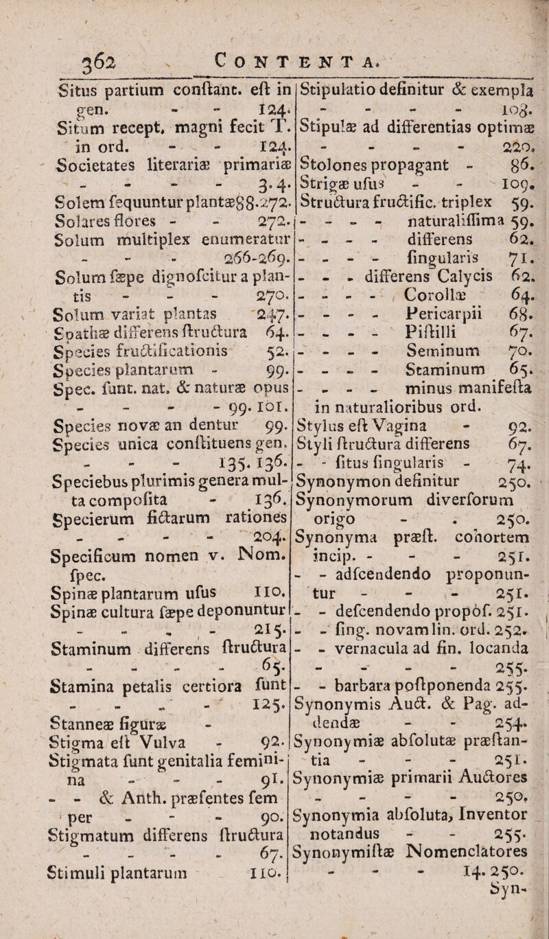 Situs partium conflant, efb in gen. -  124* Situm recept, magni fecit T. in ord. - - 124. Societates literariae primaria* “ 3“4* Solem fequunturplaot$88.272. Solares flores - - 272. Solum multiplex enumeratur 266-269. Solum fsspe dignofcitur a plan¬ tis - - 270. Solum variat plantas 247* Spathas differens ftrudura 64. Species frudificationis 52. Species plantarum - 99. Spec. funt. nat, & naturae opus - 99. IOT. Species novae an dentur 99. Species unica conflituens gen, - 135-136- Speciebus plurimis genera mul¬ ta com polita - 136. Specierum fidarum rationes — 204* Specificum nomen v. Nom. fpec. Spinae plantarum ufus lio. Spinae cultura faepe deponuntur -. - - ■ ; - J?I5* Staminum differens urudura - - 65- Stamina petalis certiora funt iZ - 1^5- Stanneae figurae Stigma eft Vulva - 9?- Stigmata funt genitalia femini¬ na - ■ - 91* - - & Anth. praefentes fem per - 90. Stigmatum differens ftrudura -. - - - 6?- Stimuli plantarum lio. Stipulatio definitur & exempla 103. Stipulae ad differentias optimae 220. Stolones propagant - g6. Strigae ufus - - 109. Strudurafrudific, triplex 59. - - - - naturaliffima 59. differens 62. fingularis yi. differens Calycis 62. Corollae 64. Pericarpii 68. - Piftilli 67. Seminum 70. Staminum 65. - - - ~ minus manifefta in naturalioribus ord. Stylus eff Vagina - 92. Styli ffrudura differens 67. - - fitus fingularis - 74. Synonymon definitur 250. Synonymorum diverforum origo - . 250. Synonyma praefl. cohortem incip. - 25T. - - adfcendendo proponun¬ tur - - - 251. - - defcendendo propof. 251* - - fing. novamlin. ord. 252. - - vernacula ad fin. locanda 255. - - barbara poftponenda 255. Synonymis Aud. & Pag. ad¬ dendae - - 254. Synonymiae abfolutae praedan¬ tia - - 251* Synonymiae primarii Audores - - 250, Synonymia abfoluta^ Inventor notandus - - 255. Synonymiftae Nomenclatores 14.250. Syn-