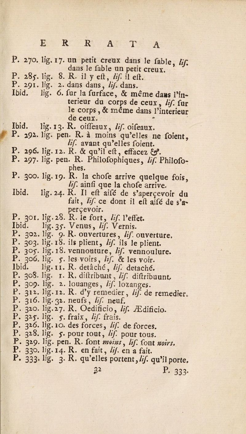 P. 270. lîg. 17. un petit creux dans îe fable lif. dans le fable un petit creux. ’ P. 28y. lig. 8. R. il y eft, lif il eft. P. 291. lîg. 2. dans dans, Uj. dans. Ibid. lig. 6. fur la furface, &amp; meme dans Pin- terieur du corps de ceux , lif. fur le corps, &amp; même dans Pinterieur de ceux. Ibid. lig. 13. R. oiffeaux, lif oifeaux. P- 292- lîg* pen. R. à moins qu’elles ne foient, lif. avant qu’elles foient. P. 296. lig. 12. R. &amp; qu’il eft, effacez &amp;f. P. 297. lig. pen. R. Philofophiques, lif Philofo- phes. P. 300. lig. 19. R. la chofe arrive quelque fois, lif ainfî que la chofe arrive. Ibid. lig. 24. R* Il eft aifé de s’aperçevoir du fait, lif ce dont il eft aifé de sV perçevoir. P. 301. lig. 28. R. le fort, lif l’effet. Ibid. lig-3f. Venus, lif Vernis. P. 302. lig. 9. R. ouvertures, ///.ouverture, P. 303. lîg. 18. ils plient, lif ils le plient. P. 305-. lig. 18. vennouture, lif. vennoulure. P. 306. lig. y. les voirs, lif. &amp; les voir. Ibid. lig. ii. R. détaché, lif détaché. P. 308. lig. 1. R, diftribunt, lif diftribuunt P. 309. îig. 2. louanges, lif lozangej». P. 312. lig. 12. R. d’y remedier, lif de remedier* P. 316. lig. 32. neufs, lif neuf. P. 320. lig.27. R. Oedifîcio, lif Ædificio. P. 32.y. Hg. y. fraix, lif frais. P. 326. lig. 10. des forces, lif de forces. P. 328. lig. y. pour tout, lif pour tous. P. 329. lig. pen. R. font mains, lif font noirs. P. 330. lig. 14. R. en fait, HJ. en a fait. p- 333- %• 3* quelles portent,///, qu’il porte. 32 P- 333»