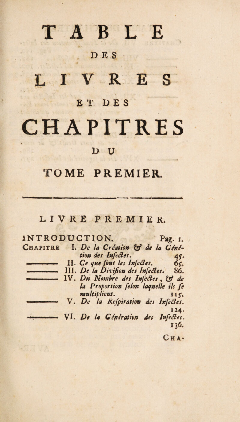 TABLE DES L I V RE S ET DES CHAPITRES Dü TOME PREMIER. LIVRE PREMIER. INTRODUCTION. Pag. ï. Chapitre I. De la Création Çÿ de la Géné- tion des Infedes. 45-, II. Ce que font les Infedes. 6f, — - n III. De la Divifion des Infedes. 86. — .IV. Du Nombre des Infeâes , £$* de la Proportion félon laquelle ils fe multiplient. 115% — ■■■■■' 1 V. De la Kefpiration des Infedes,, 124. ' VI. De la Génération des Infeâes, I3& C H A®