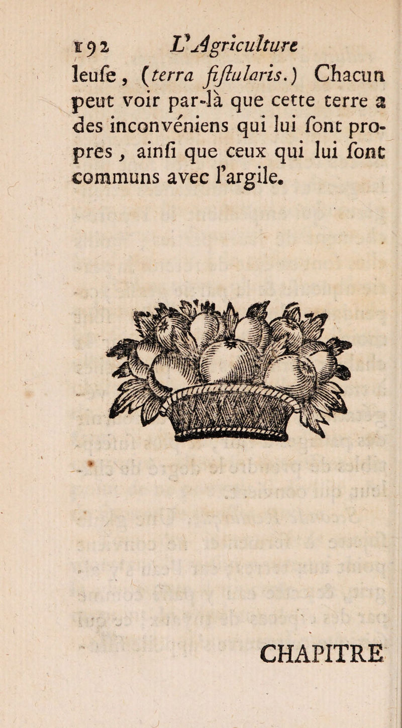 leufe, [terra fi/lularis.) Chacun peut voir par-là que cette terre % des inconveniens qui lui font pro¬ pres , ainfi que ceux qui lui font communs avec f argile. CHAPITRE