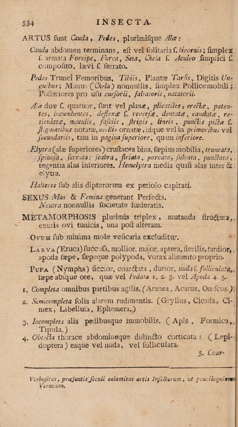 ARTUS funt Cauda , Pedes, plufimifque Ala: Cauda abdomen terminans, efl vel folitariaf.bicomis; fimplex £ armata Forcipe, Furca, SVm, GUu £ Aculeo fimplici £ compoilta, laevi £ ferrato. Pedes Trunci Femoribus, Tibiis, Plantae Tarfis, Digitis Un- gudbm; Manus QChela') nonnullis, fimplex Pollice mobili; Pofteriores pro ufu curforii, [ahatorii, natatorii AU duae f. quatuor, funt vel p/mn-e, plicatiles, ereclx, paten¬ tes, incumbentes, de flexes £ reverftg, dentata, caudata, re- ii culat es, maculis, fafciis , frigis , , punths piata £ JUgmeitibus notatse, ocellis ornatae, idque vel in piimoribui vel fecundari is, tam in pagina fuperior e, quam inferiore. Fdytra(alae fuperiores)cruftacea bina, faepiusmobilia, truncata, fpinofa, ferrata: fcabra, Jlriata, porcata, fulcata, punctata, tegentia alas inferiores. Hemelytra media quafi alas inter & elytra. Halteres fub alis dipterorum ex petiolo capitati. SEXUS A&s & Femina generant Perfecta. • Neutra nonnullis focietate foederatis. METAMORPHOSIS plurimis triplex, mutanda firQ&ura5 exutis ovi tunicis, una poli alteram. Ovum fub minima mole veficaria excluditur. La rva (Eruca) fuccofa, mollior, major, aptera, flerilis, tardior,, apoda Caepe, fsepeque polypoda, vorax alimento proprio. Pupa (Nympha) iiccior, coardata , durior, nudat. folliculatav, laepe abfque ore, quae vel Pedata i. 2. 3. vel Apoda 4. 5. r. Completa omnibus partibus agilis. (Aranea, Acarus, OmfcusJ ■ I £. Scmicompleta folis alarum rudimentis. (Gryllus, Cicada, Ci¬ mex, Libeliula, Ephemera.) 3, Incompleta alis pedibusque immobilis. (Apis , Formica;, Tlpula.) 4. Obtrfla thorace abdomineque diffindo corticata: ( Lepi- doptera ) eaque vel nuda, vel folliculata. Verbofxtas, prcejantisjeculi calamitas artis Infletarum» ut pcuciloquiuim 1{ervuum* 1 /