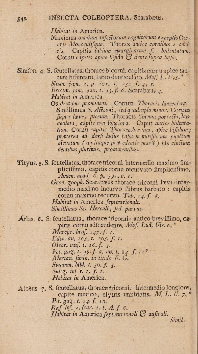 / Habitat in America. Maximus omnium infectorum cognitorum exceptis Can- < eris Monocuhfque. Thorax antice cornibus 2 coni cis. Capitis labium emarginatum fi. bt dentatum. Cornu capitis apice bifido o dente fiupra bajin. Simfon. 4. S. fcutellatus, thorace bicomi, capitis cornu apice tan¬ tum bifurcato, labio denticulato .Muf. L. U.s°* Sio an. jam. 2. p. 205. t. 237 f. 4, r, Broxvn. jam. 42st. t. 43.fi 6. Scarabaeus 4. Habitat in America. Os dentibui prominens. Cornua Thoracis lanceohta. Simillimus S.Afleoni, fedqnadruplo minor. Corpus fiupri lave, piceum. Thoracis Cornua porre fla filan- ceolata, capite non longiora. Caput antice bidenta- j tum. Cornu capitis Thorace Brevius , apice bifidum; ) prester ea ad dor fi hujus bajin m tmtifjimum punctum elevatum ( an itaque pree edentis mas ? ) Os cinflum dentibus plurimis, prominentibus. Tityus. 5. S. fcutellatus, thorace tricorni intermedio maximo fim- : pliciffimo, capitis cornu recurvato fimplicillimo. Amcen. acad. 6. p, 391. n. 1. Gron. xpoph. Scarabaeus thorace tricorni isevi: inter- i medio maximo incurvo fubtus barbato : capitis cornu maximo recurvo. Tab. 14. f. 8. Habitat in America feptentrionaii. Simillimus Sc. Herculi, Jed parvus. Atlas, tfv S. fcutellatus, thorace tricorni-* antico breviffimo, ca- ■ pitis cornu adfceudente. Muf. Lud. Ulr. 6. * Marcgr. brafi. 247. f. 1. Edw. av. 10s. t. ios. f. 1• Olear, muf. t. 16. f. 3. Pet. gaX- t. 49'f- 8. an. t. 14. f. 12? 1 /Aerian. Jiirin. in titulo F. G. ! [ Swamm. bibi. t. 30. f. 3. Suli%. infi. t. 1. f. 1. Habitat in America. Aloeus. 7. S. fcutellatus, thorace tricorni: intermedio longiore, capite mutico, elytns uniftriatis. M. L. U. 7« * Pd. ga%. t. 24. f 10. Rxf. infi. 2. ficar. 1. t. A. f. 6. Piabit at in America feptentrionaii & aujlrali. \ 1