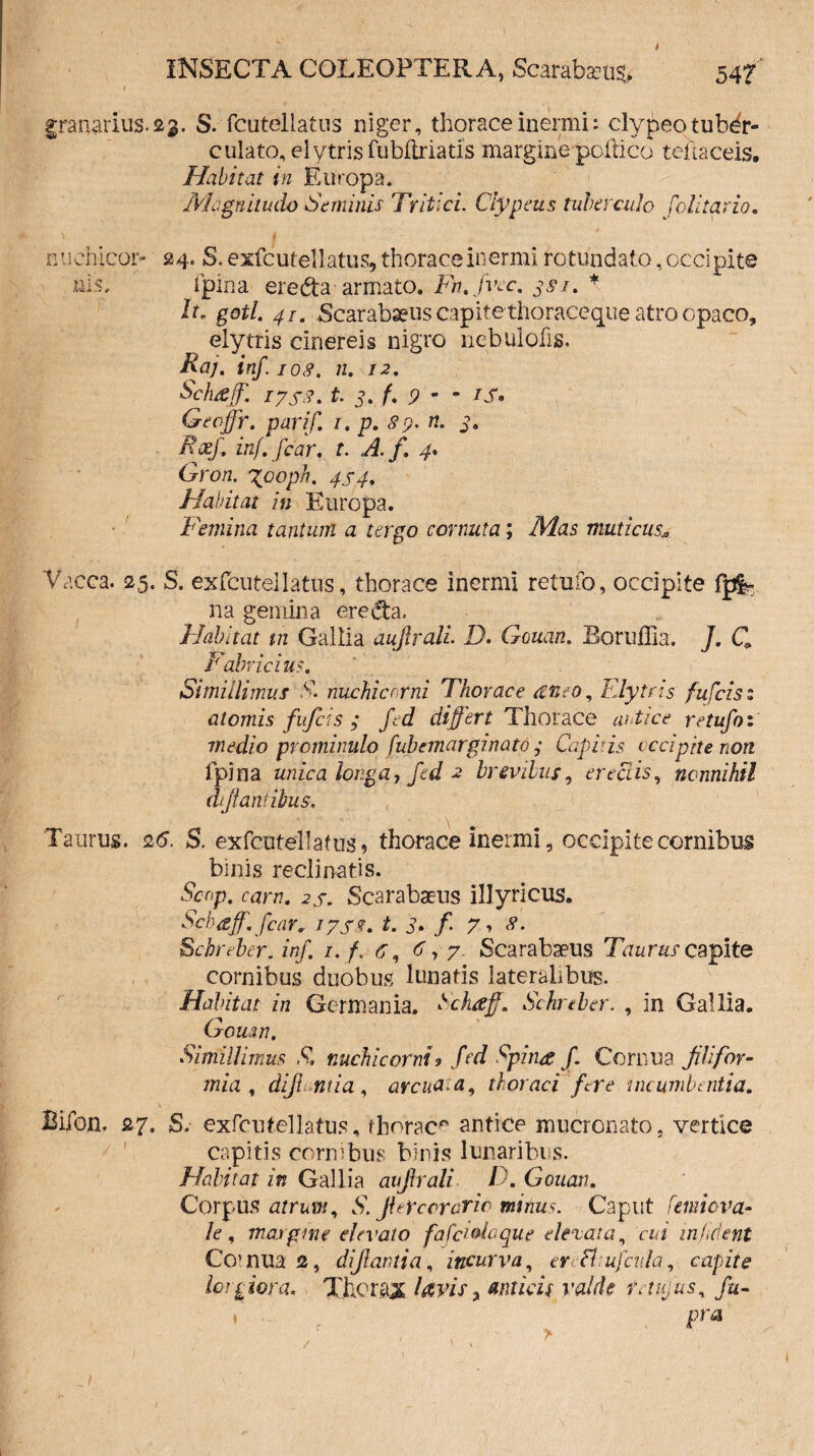 jranarius.23. S. fcutellatns niger, thorace inermi: clypeotubdr- culato, elytris fubfbriatls margine poftico teilaceis. Habitat in Europa. Magnitudo Seminis Tritici. Clypeus tuberculo folitario. nuchicor- 24- S. exfcutellatus, thorace inermi rotundato, occipite ais. fpina eredaarmato. Fn.fvec. 3S1. * It. gotl. 41. Scarabaeus capite thoraceque atro opaco, elytris cinereis nigro nebulofis. Raj. inf. 108. n. 12. Schaff. tjs8. t. 3. f. 9 ’ ' Geoffr. parif, 1. p. 89. n. 3, Rxf. inf. fcar. t. A. f. 4. Gron. xooph. 444. Habitat in Europa. Femina tantum a tergo cornuta; Afas muticus* Vacca. 25. S. exfcutellatus, thorace inermi retufo, occipite fp|- na gemina ere da. Habitat tn Gallia aujlrali D. Gouan. Boruffia. J. C Fabricius. Simillimus S. nuchiccrni Thorace etneo, Elytris fufcisz atomis fufcis ; fed differt Thorace antice retufo: medio prominulo fubemarginat0 ,• Capitis recipite non fpina unica longa, fed 2 brevibus, erectis, nonnihil dfantibus. Taurus. 25. S. exfcutellatus, thorace inermi, occipite cornibus binis reclinatis. ran?. 27. Scarabaeus ilJyricus. Schaff. fcar, 17s8, t. 3. f. 7, <?. Scbreber. inf. i.f. 5, 5,7. Scarabaeus Taurus capite cornibus duobus lunatis lateralibus. Habitat in Germania. Schaff. Schreber. , in Gallia. Gouan. Simillimus S, nuchicorni* fed Spina f Cornua fili for- mia , difl ntia, arcuata, thoraci fere incumbentia. Bifon. 27. S. exfcutellatus, f herae*' antice mucronato, vertice capitis cornibus binis lunaribus. Habitat in Gallia aujlrali D. Gouan. Corpus tfrrfcm, S. Jiet cerario mitius. Caput femiova- le , margine elevato fafciolaque elevata, tW inhient Cernua 2, di fiant ia, incurva, c-r Ciufcula, capite lc? fora. Thorax , 4WfiVz> ra/r/e retujus, /a- pra /