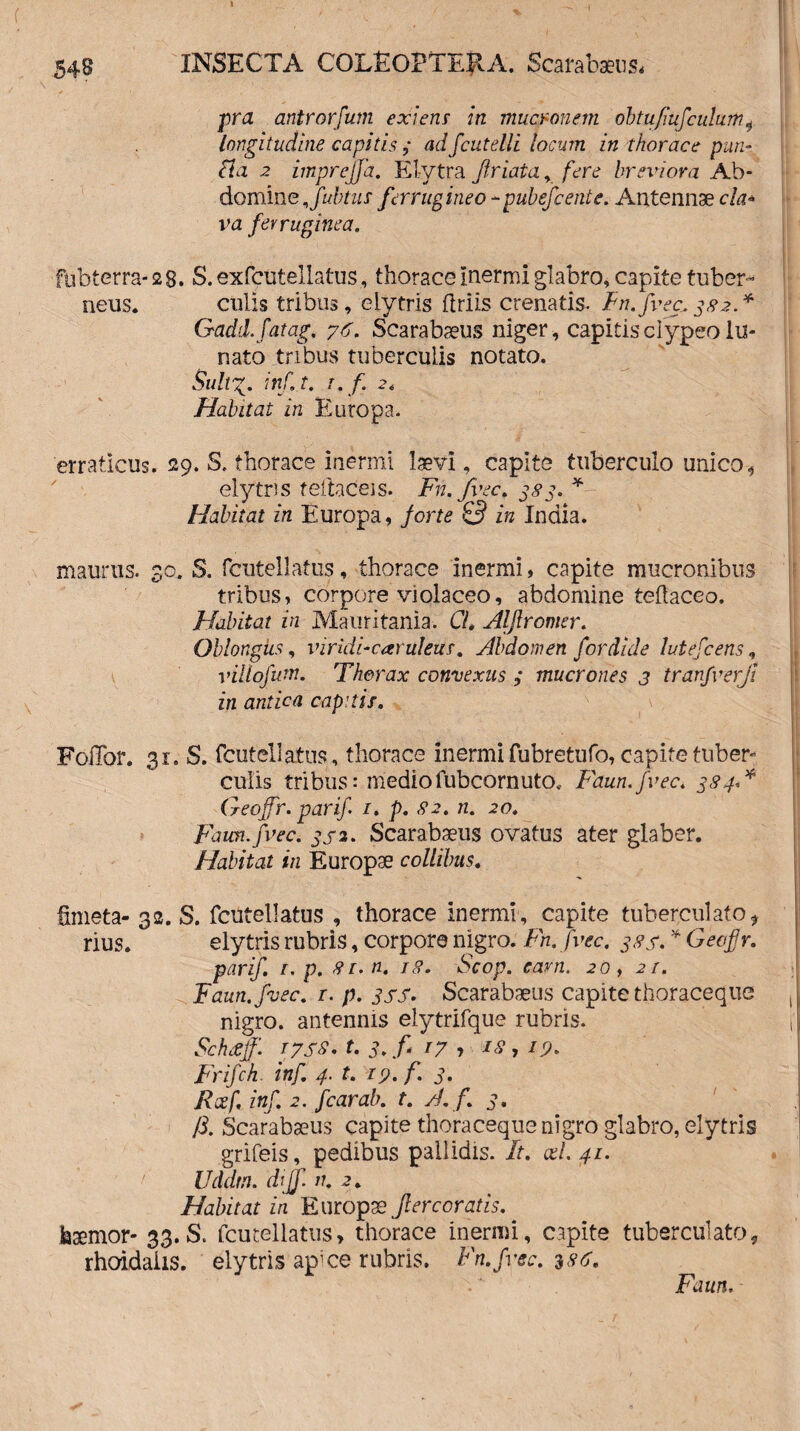 f ; ' ■ . . ' 1 > 548 INSECTA COLEOPTERA. Scarabaeus, ■prci antrorfum exiens in mucronem obtufufculumi longitudine capitis ,* ad fcutelli locum in thorace pun- Ha 2 mprejfa. El-ytra jiriata r fere breviora Ab¬ domine ffubtus ferrugineo -pubefcente. Antennae cla* va ferruginea. fubterra- 28. S. exfcutellatus, thorace inermi glabro, capite tuber- neus. culis tribus, elytris fidis crenatis. fn.fvec*382.* Gadd.fatag. 76. Scarabaeus niger, capitisclypeolu¬ nato tribus tuberculis notato. Sultg. inf.t. r. f 2. Habitat in Europa. erraticus. 29. S. thorace inermi laevi, capite tuberculo unico * elytris teitaceis. Fn.fvec. 383. * Habitat in Europa, forte £3 in India. maurns. 30. S. fcutellafus, thorace inermi * capite mucronibus tribus> corpore violaceo, abdomine teflaceo. Habitat in Mauritania. CL Aljlromer. Oblongus, viridi-caruleus. Abdomen for dide lutefcens, villofwn. Thorax convexus ; mucrones 3 tranfverji in antica capitis. Foflor. 31. S. fcutellatus, thorace inermi fubretufo, capite tuber¬ culis tribus: mediofubcornuto. Faun.fvec. 384** Geojfr. parif r. p. 82. n. 20. Faun.fvec. gsa. Scarabaeus ovatus ater glaber. Habitat in Europae collibus. fimeta- 32. S. fcutellatus , thorace inermi, capite tuberculato* rius. elytds rubris, corpore nigro. Fn. fvec. 38S. * Geofr. parif. r. p. 81. n. 18. Scop. eam. 20, 21. Faun.fvec. r. p. jjjr. Scarabaeus capite thoraceque nigro, antennis elytrifque rubris. Schaff. 17ss. t. g.f 17 ■> J8,19. Frifch. inf\ 4. t. 17. f J. Rcef, inf. 2. fcarab. t. A. f 3. /3. Scarabaeus capite thoraceque nigro glabro, elytris grifeis, pedibus pallidis. It. xl. 41. Udam. dijf. n. 2. Habitat in Europae jlercorads. haemor- 33. S. fcutellatus, thorace inermi, capite tuberculato, rhoidaiis. elytris ap^ce rubris. Fn.fvec. 3^. N. - Faun.