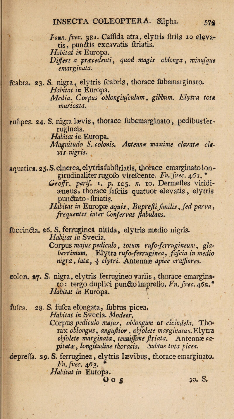 laun.fvec. 381. Caflida atra, elytris ftriis iq eleva¬ tis, pundis excavatis ftriatis. Habitat in Europa. Differta procedenti, quod magis oblonga, minufque emarginata. fcabra. 23. S. nigra, elytris fcabris, thorace fubemarginato. Habitat in Europa. Media. Corpus oblongiufculum, gibbum. Elytra tota muricata. rufipes. 24. S. nigra laevis, thorace fubemarginato, pedibus fer¬ rugineis. Halitat in Europa. Magnitudo S. colonis. Antenno maxime clavatae cla¬ vis nigris. aquatica. 25. S. cinerea, elytris fubftriafcis, thorace emarginato ion - gitudinaliter rugofo virefcente. Fn. fvec. 46 r. * Geoffr. parif 1. p. 105. n. 10. Dermeftes viridi- aeneus, thorace fafciis quatuor elevatis , elytris pundato - ftriatis. Habitat in Europae aquis, Buprejli fimilis, fed parva * frequenter inter Confervas fabulans. fucanda. 2(5. S. ferruginea nitida, elytris medio nigris. Habitat in Svecia. Corpus majus pediculo, totum rufo ferrugineum, gla¬ berrimum. Elytra rufo-ferruginea, fafcia in medio nigra, lata9 f elytri. Antennae dpice crajfwres. eolcn. «7. S. nigra, elytris ferrugineo variis, thorace emargina¬ to : tergo duplici pundo imprefio. Fn, fvec. 462.# Habitat in Europa, f fufca. 28- S. fufca elbngata, fubtus picea. Habitat in Svecia. Modeer. Corpus pediculo majus, oblongum ut cicindela. Tho¬ rax oblongus, anguftior, obfolete marginatus. Elytra obfolete marginata, temiijfime Jlriata. Antennae cd- pitatce, longitudine thoracis. Subtus tota picea. deprelTa. 29. S. ferruginea, elytris laevibus, thorace emarginato. Fn.fvec. 463. * Habitat in Europa. O o $ 30. S.